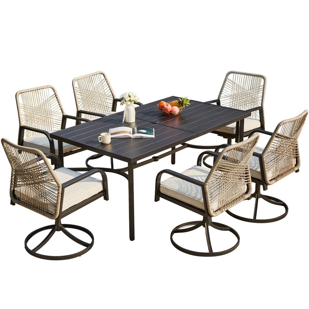 Ensemble de salle à manger d'extérieur, chaises pivotantes en rotin avec coussin épais amovible, table à manger avec trou pour parasol, ensemble de meubles de jardin