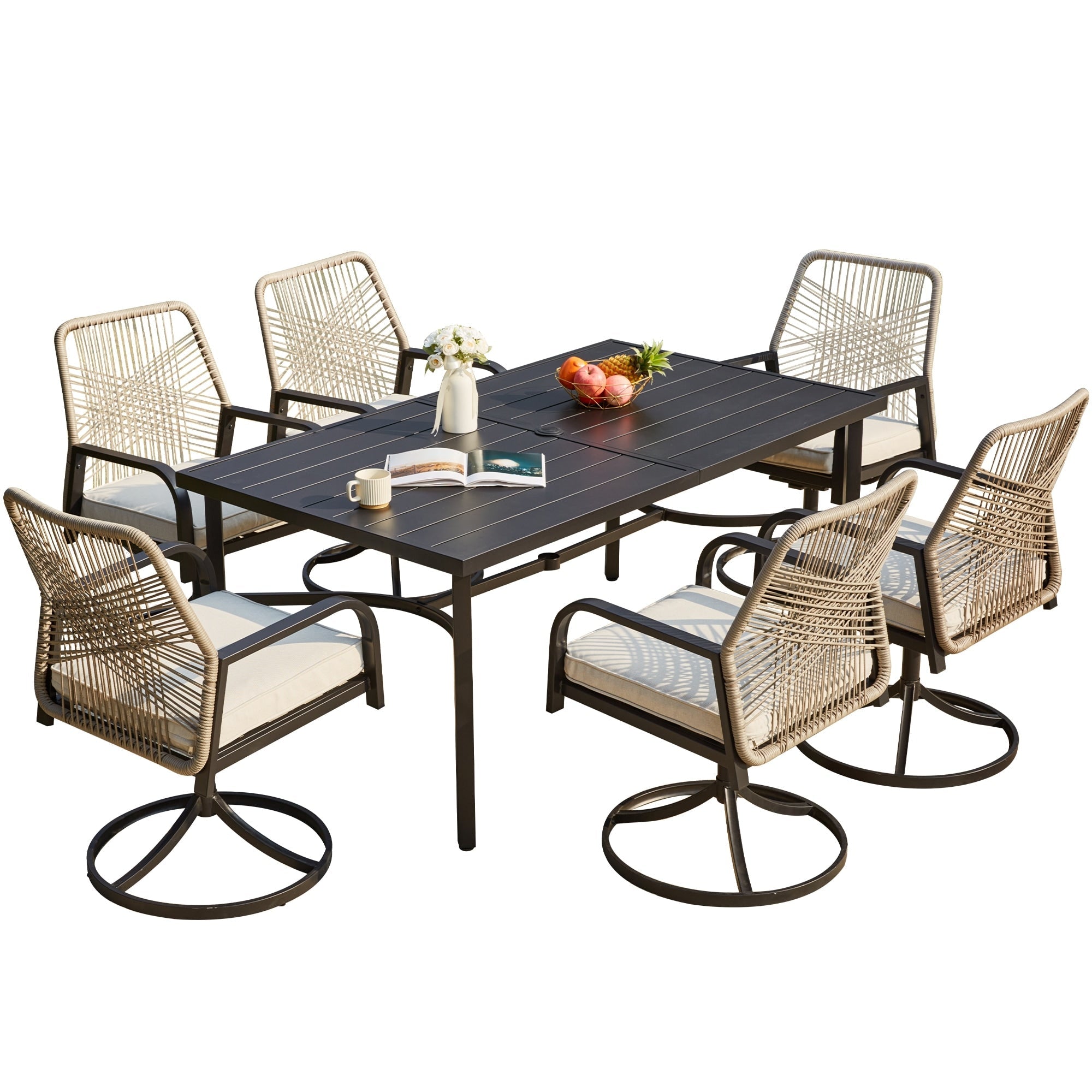Ensemble de salle à manger d'extérieur, chaises pivotantes en rotin avec coussin épais amovible, table à manger avec trou pour parasol, ensemble de meubles de jardin