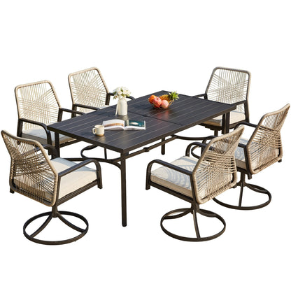 Ensemble de salle à manger d'extérieur, chaises pivotantes en rotin avec coussin épais amovible, table à manger avec trou pour parasol, ensemble de meubles de jardin