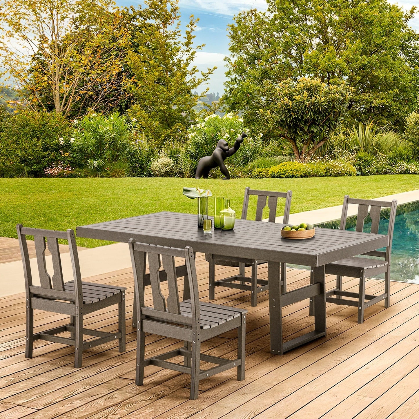 Ensembles de salle à manger d'extérieur polyvalents avec chaises pivotantes/pliantes, table à lattes en acier et table à manger en PEHD pour jardins et terrasses