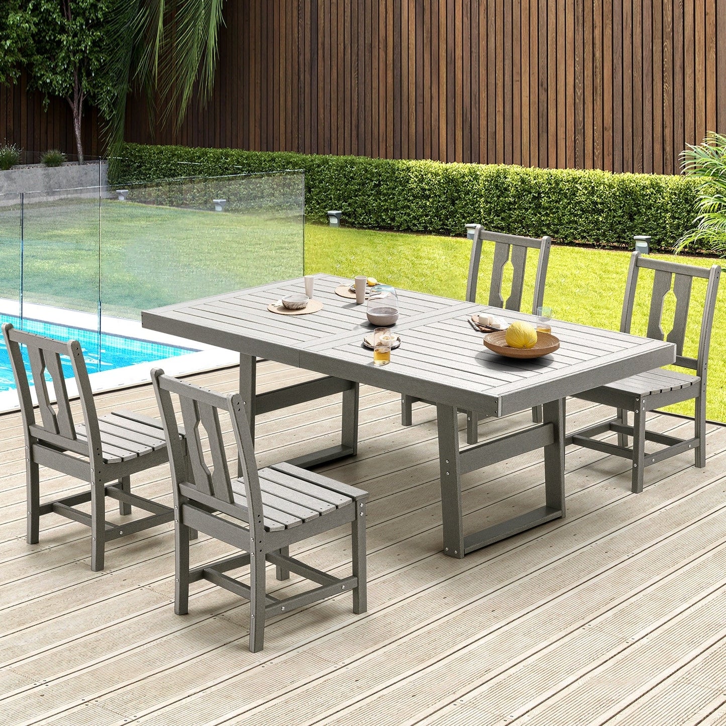 Ensembles de salle à manger d'extérieur polyvalents avec chaises pivotantes/pliantes, table à lattes en acier et table à manger en PEHD pour jardins et terrasses
