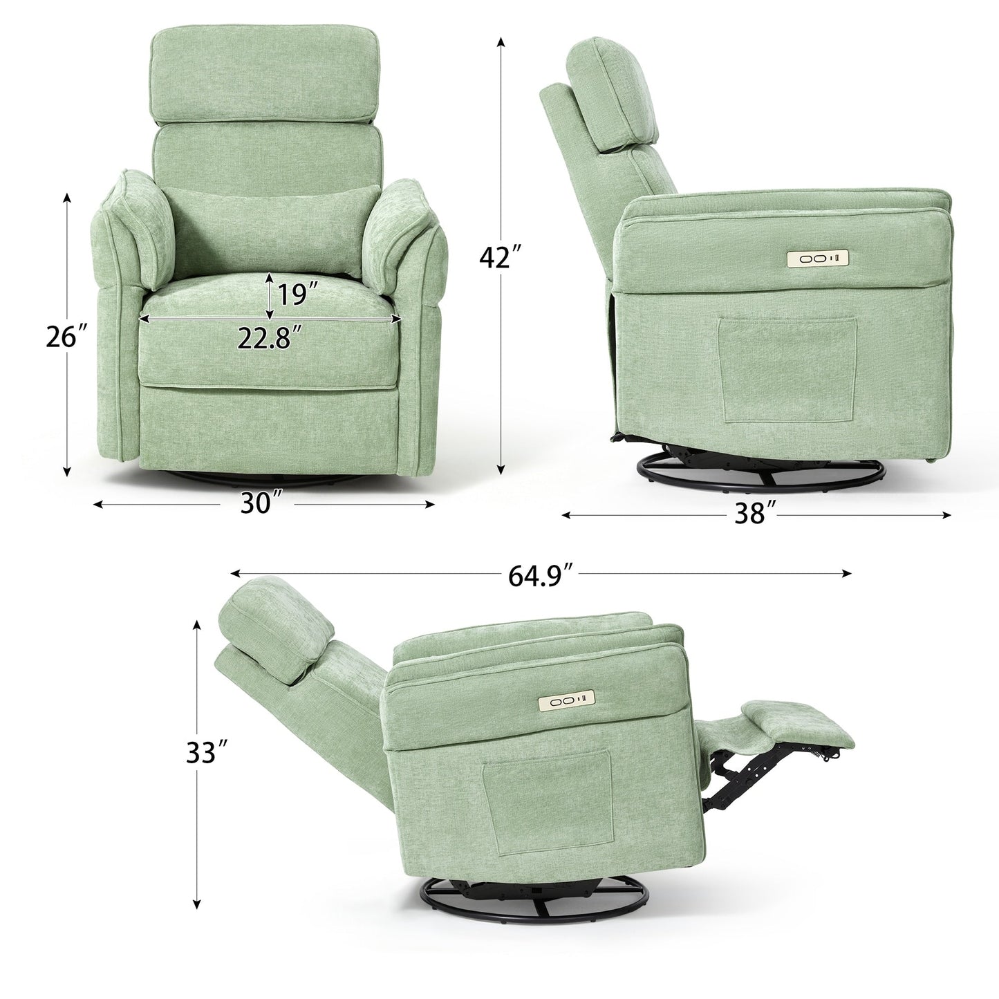 Fauteuil inclinable pivotant et électrique EROMMY avec appui-tête et accoudoirs réglables, chargement USB et Type-C, fauteuil inclinable pour chambre d'enfant