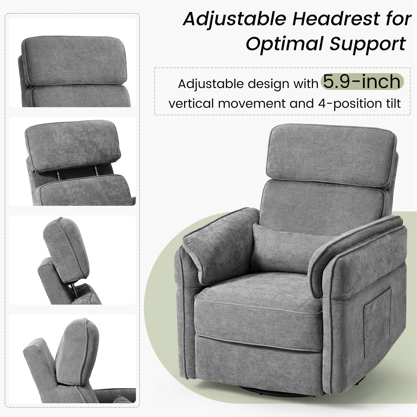 Fauteuil inclinable pivotant et électrique EROMMY avec appui-tête et accoudoirs réglables, chargement USB et Type-C, fauteuil inclinable pour chambre d'enfant