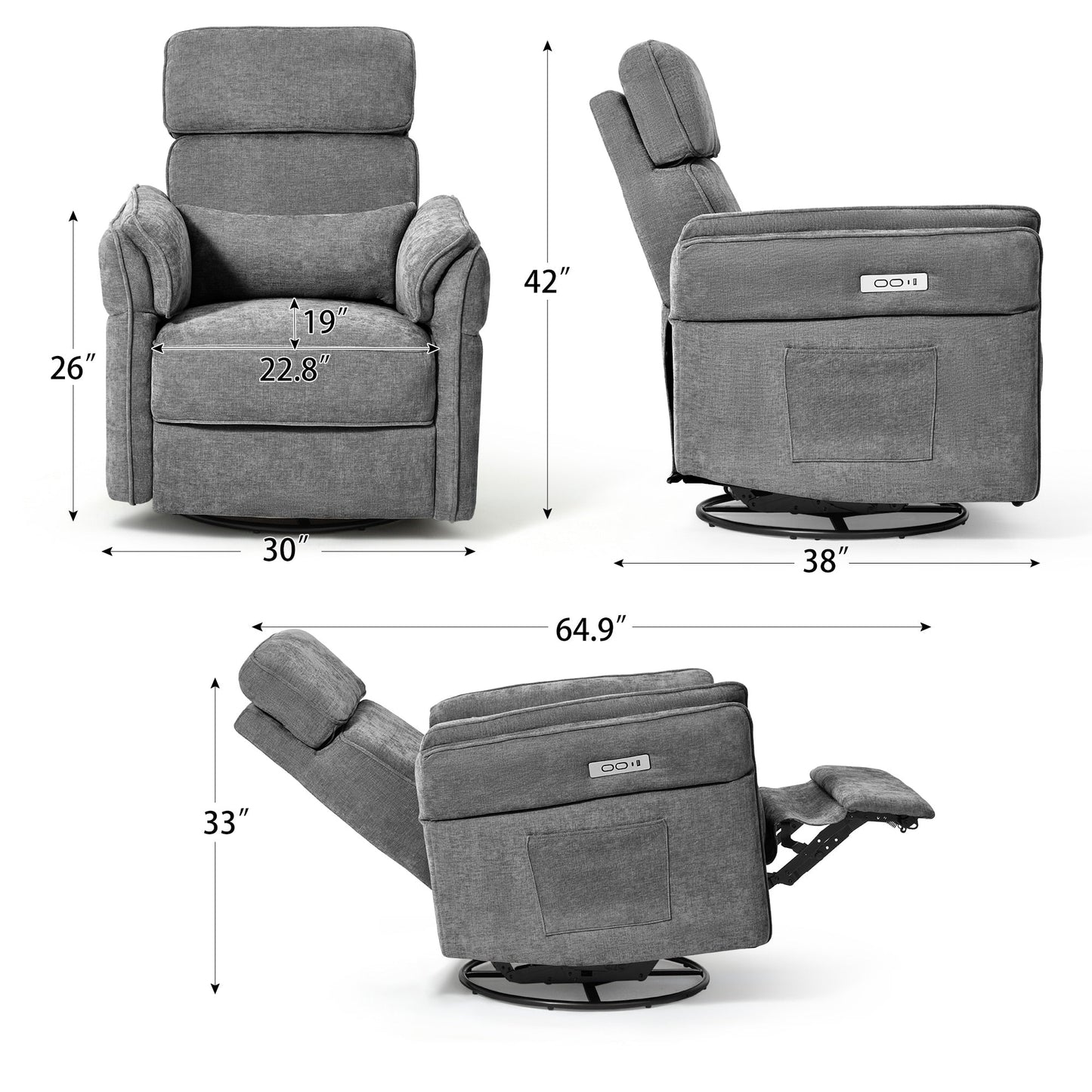 Fauteuil inclinable pivotant et électrique EROMMY avec appui-tête et accoudoirs réglables, chargement USB et Type-C, fauteuil inclinable pour chambre d'enfant