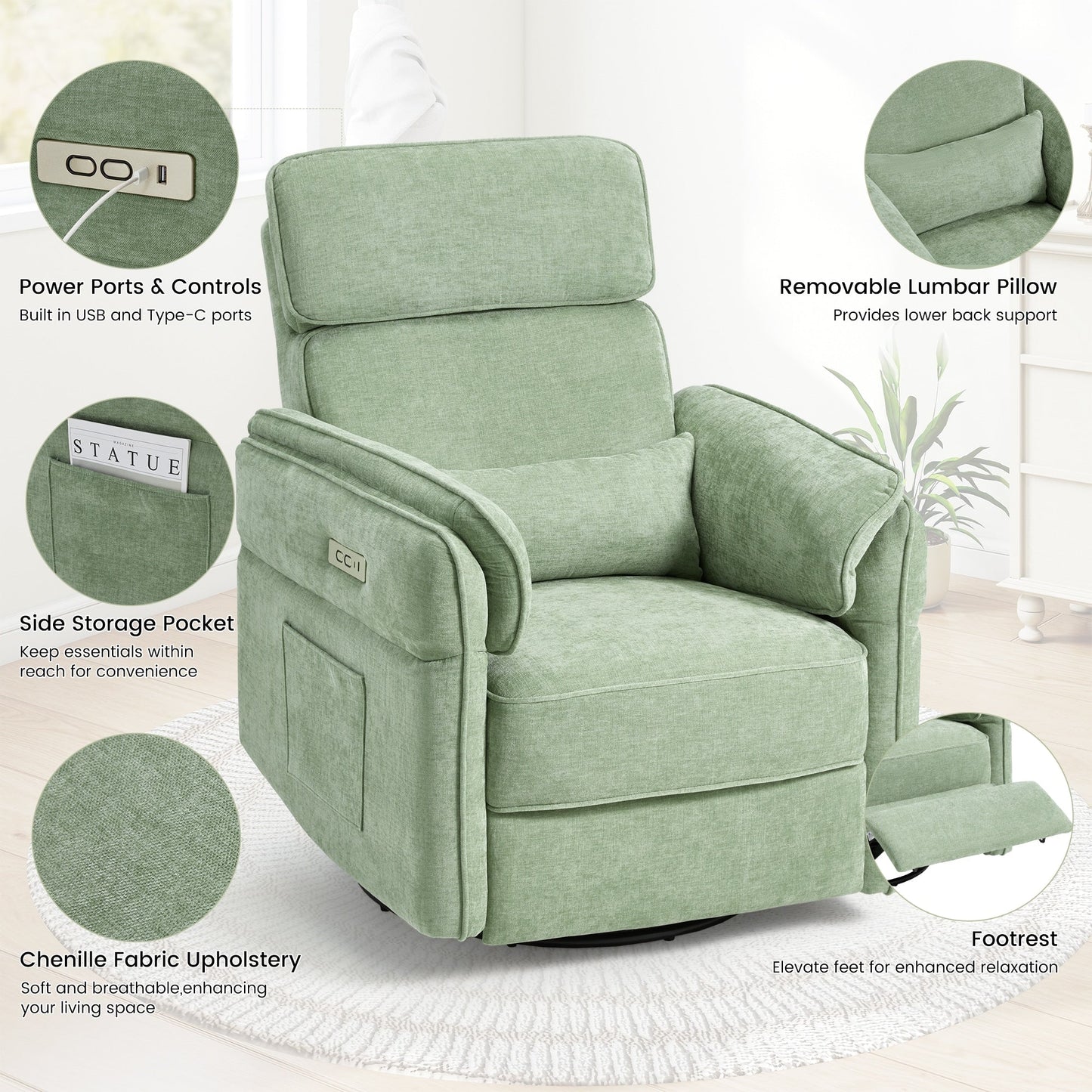 Fauteuil inclinable pivotant et électrique EROMMY avec appui-tête et accoudoirs réglables, chargement USB et Type-C, fauteuil inclinable pour chambre d'enfant