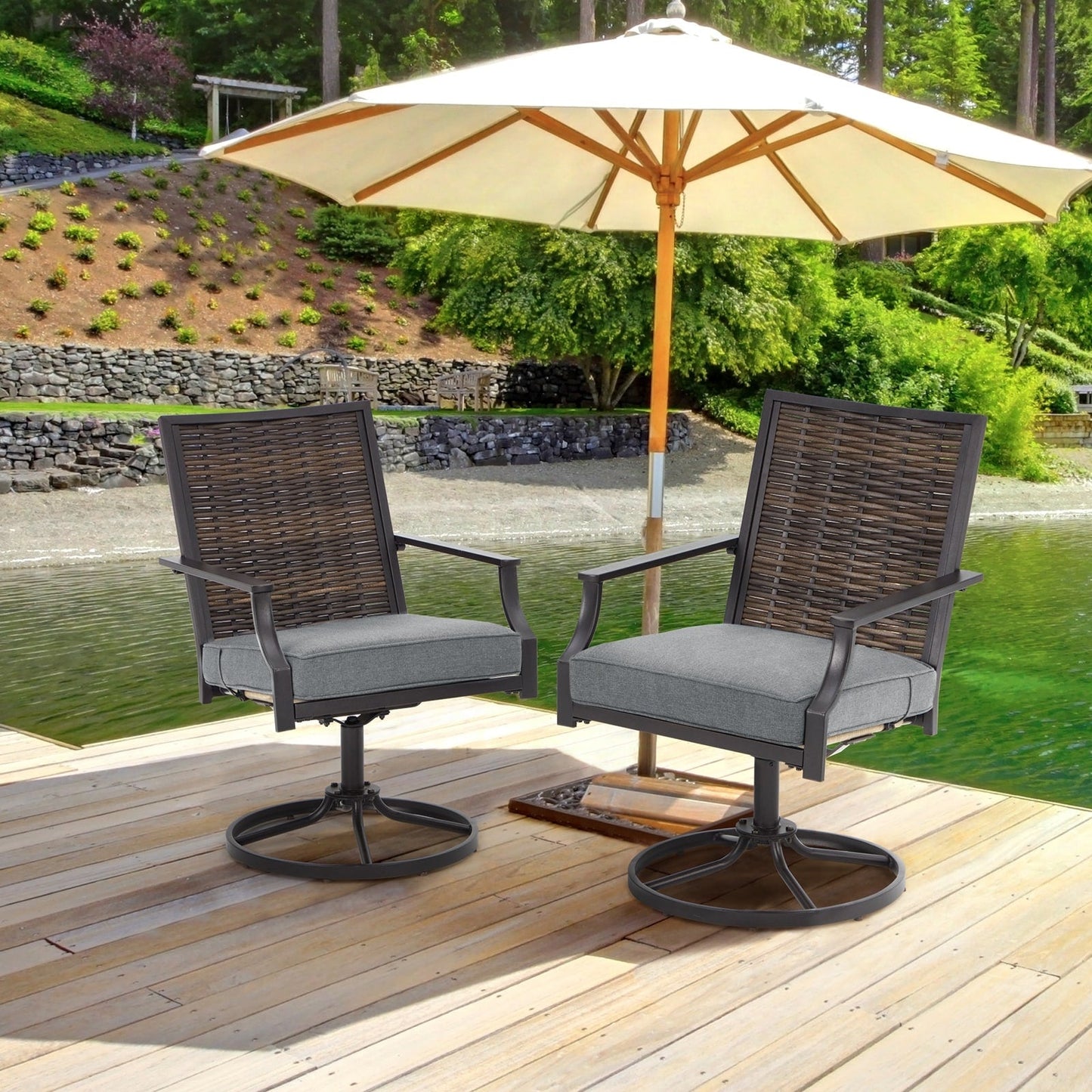 Lot de 2 chaises pivotantes EROMMY pour salle à manger, en osier et aluminium, avec cadre en aluminium résistant aux intempéries.