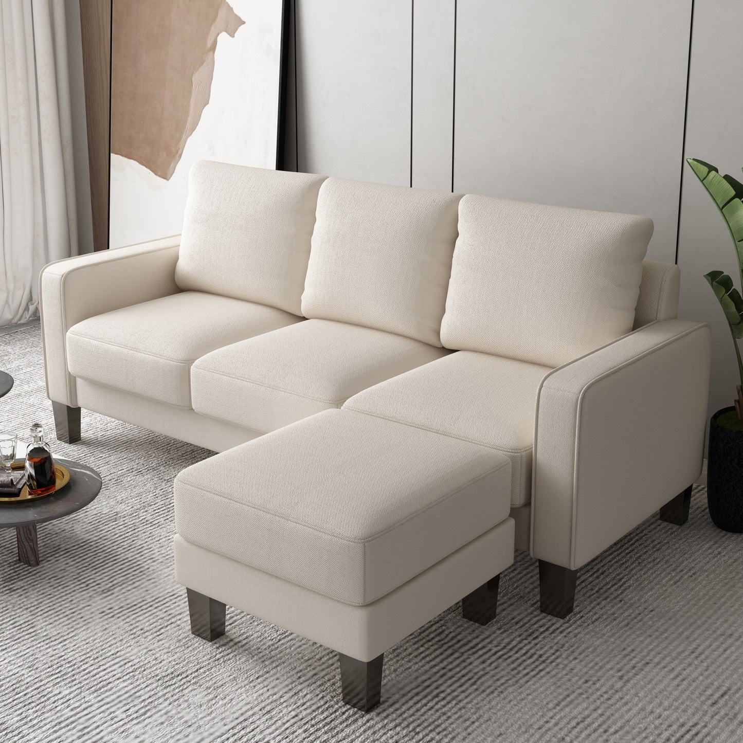 Canapé 3 places rembourré avec pouf, housse de coussin amovible et petit espace de rangement