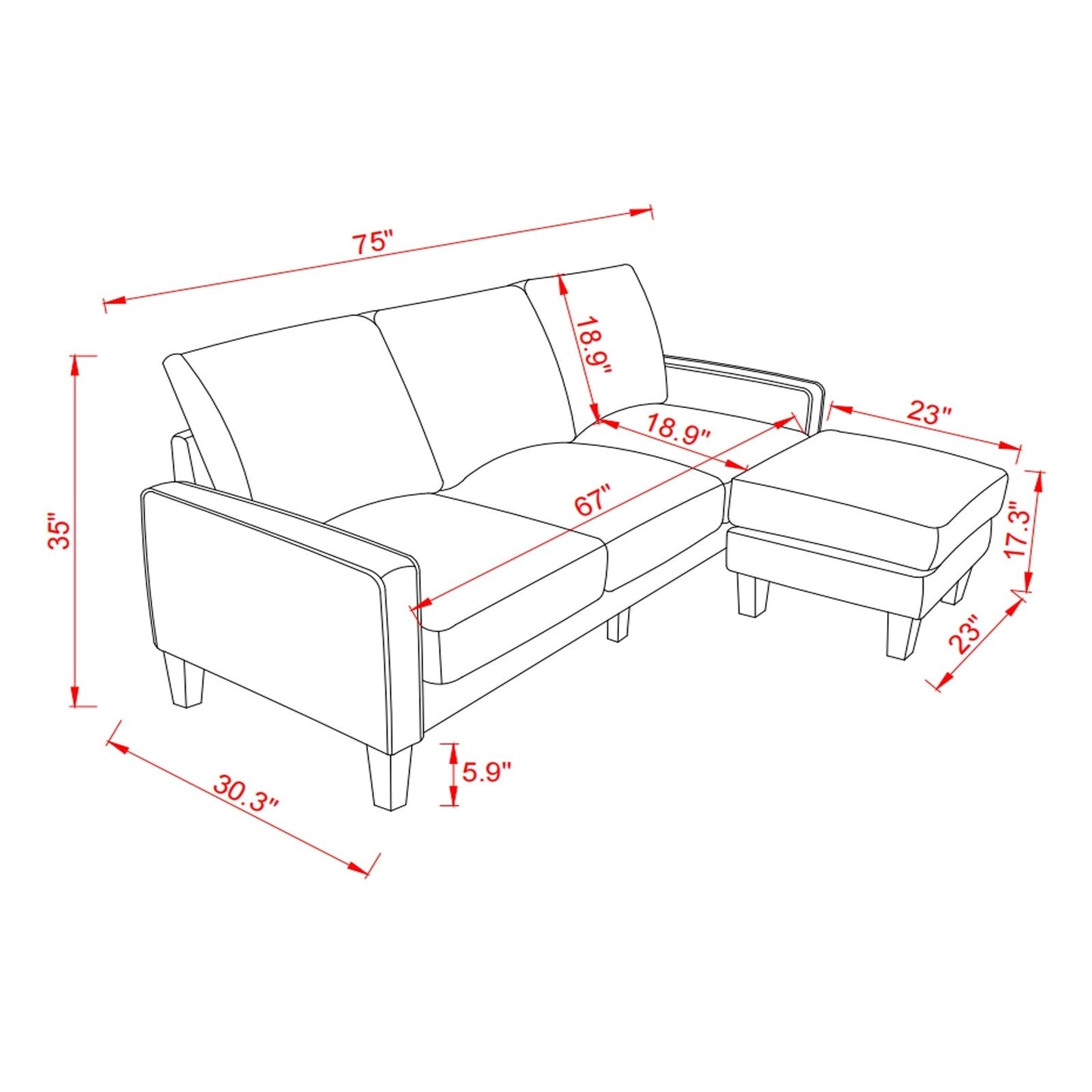 Canapé 3 places rembourré avec pouf, housse de coussin amovible et petit espace de rangement
