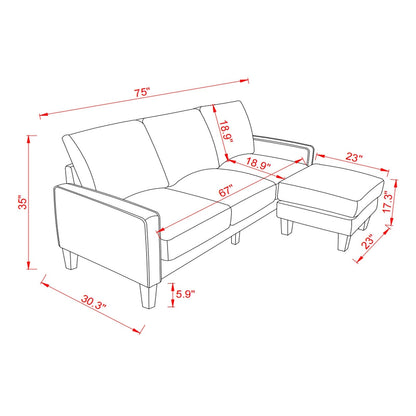 Canapé 3 places rembourré avec pouf, housse de coussin amovible et petit espace de rangement