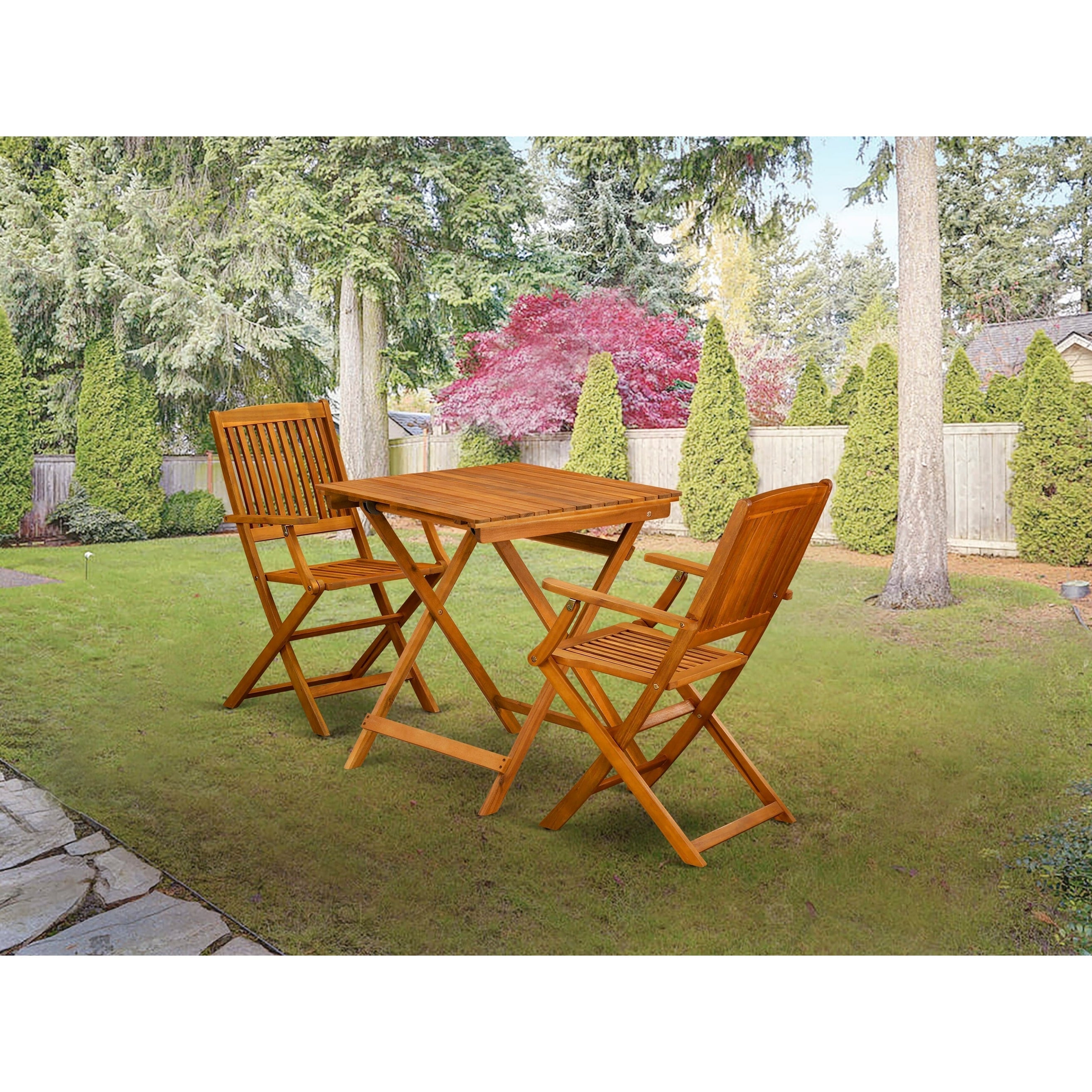 Ensemble de 3 tables pliantes en bois East West Furniture : une table basse d'extérieur en bois d'acacia et 2 fauteuils pliants, huile naturelle