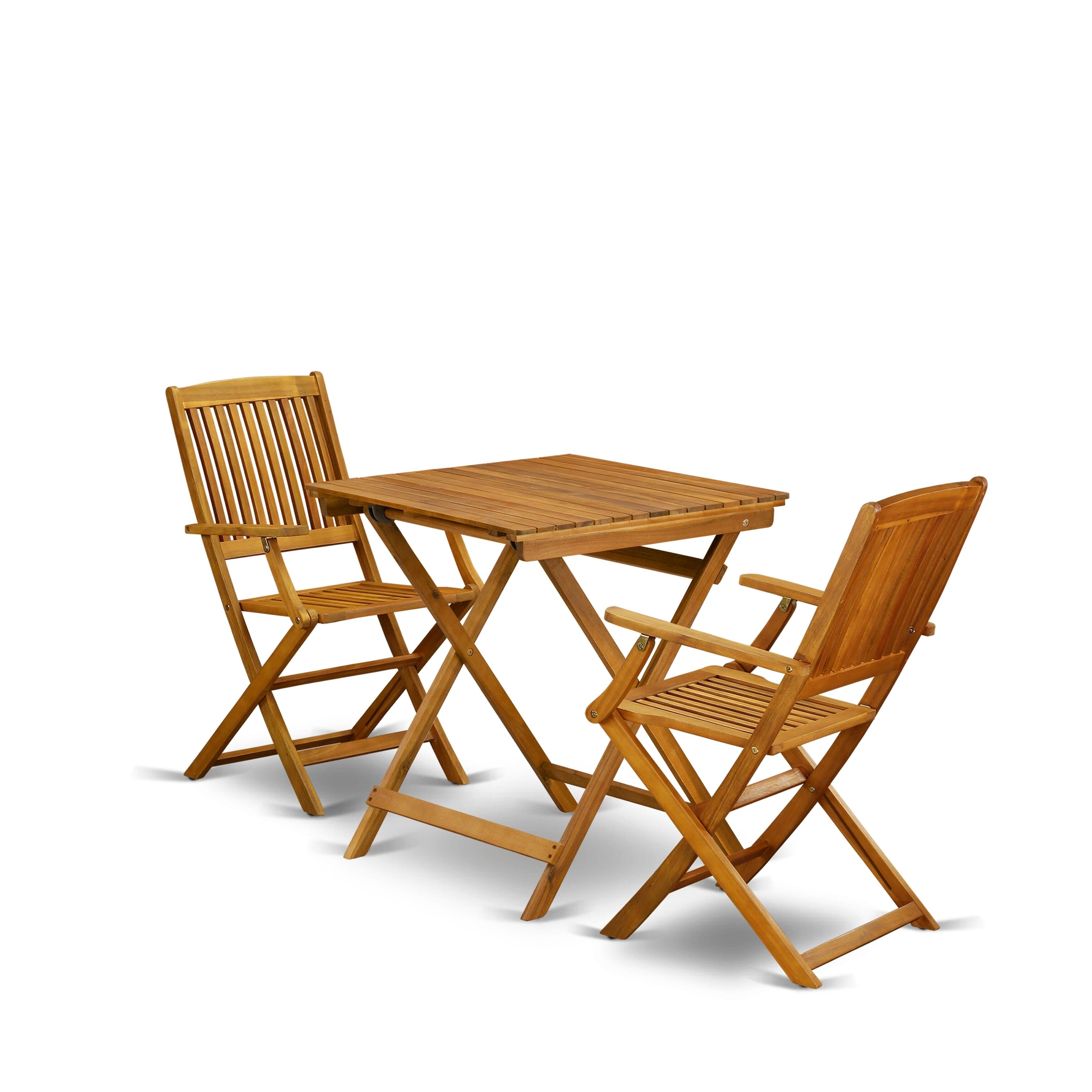Ensemble de 3 tables pliantes en bois East West Furniture : une table basse d'extérieur en bois d'acacia et 2 fauteuils pliants, huile naturelle