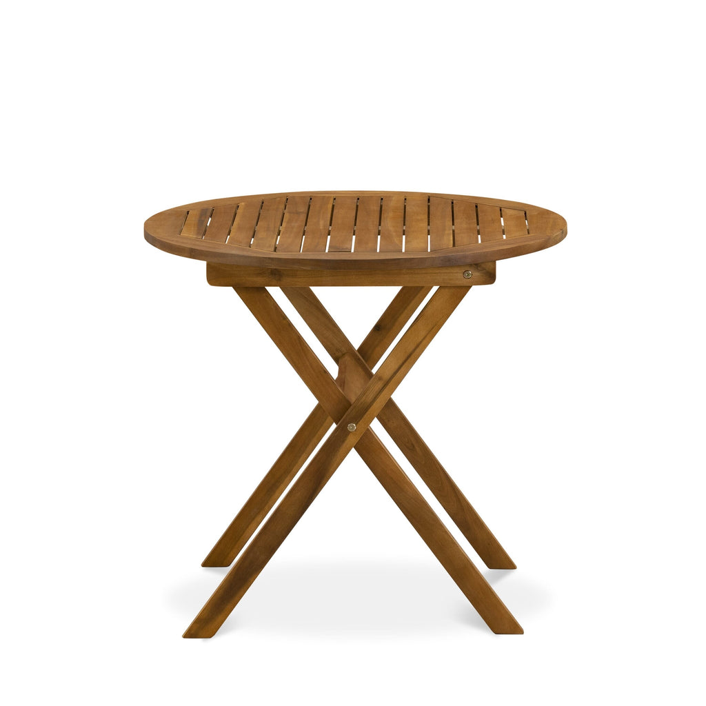 Ensemble de bistrot d'extérieur East West Furniture comprenant une table basse ronde en bois et deux chaises pliantes, huile naturelle