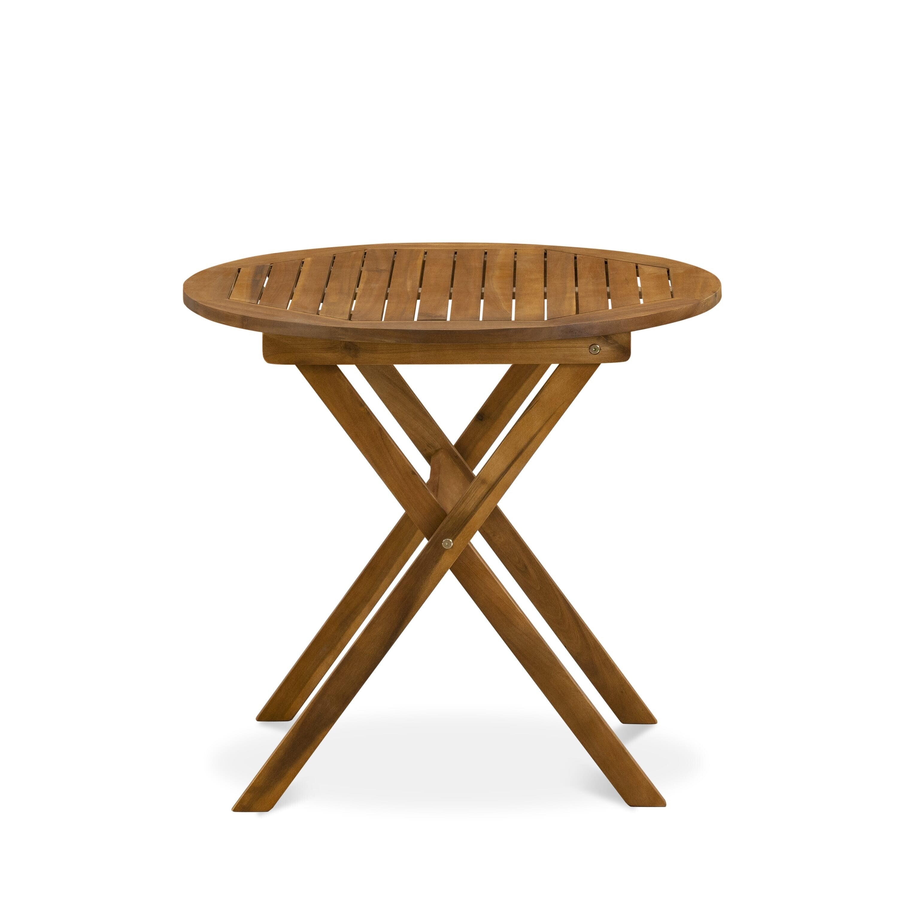 Ensemble de bistrot d'extérieur East West Furniture comprenant une table basse ronde en bois et deux chaises pliantes, huile naturelle