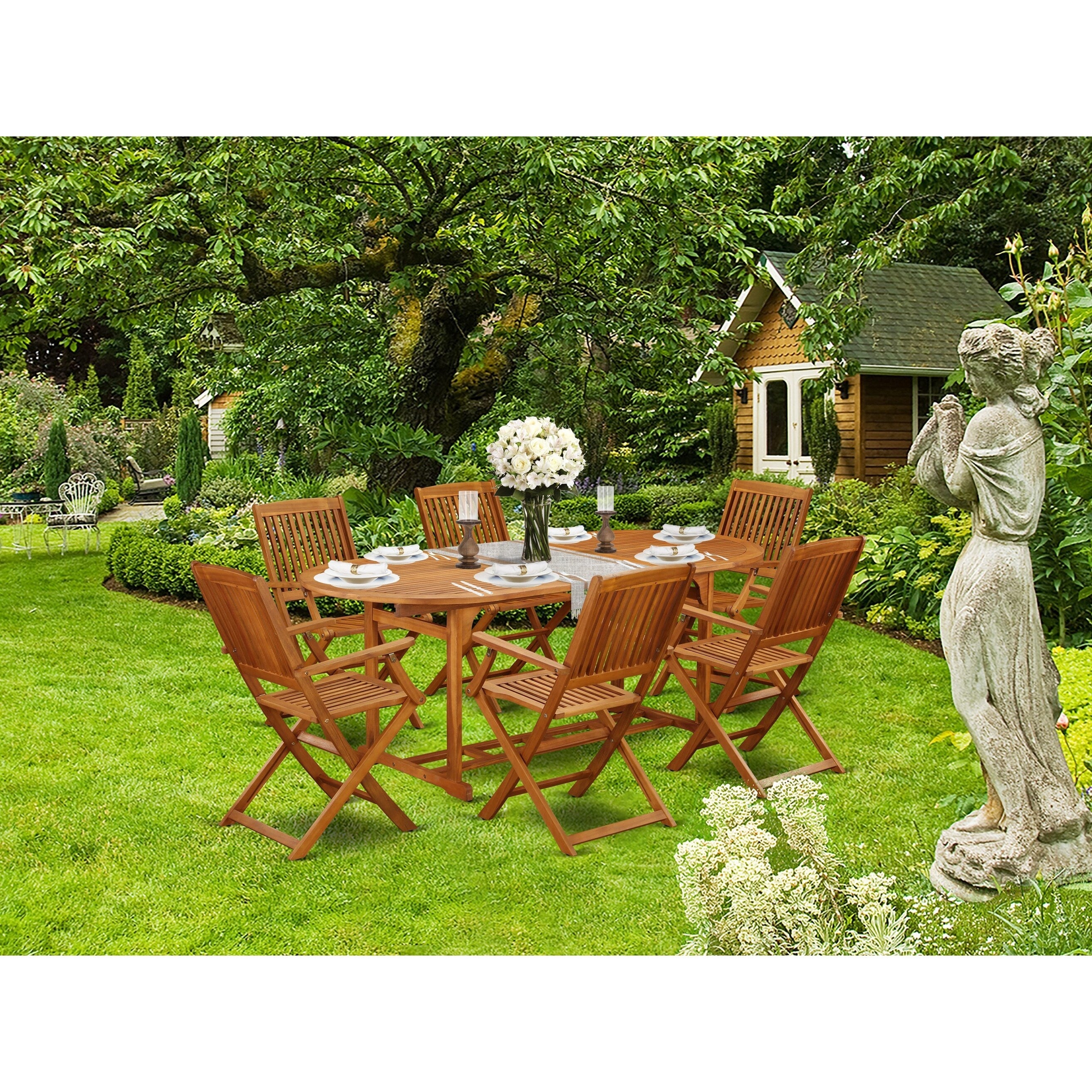 Ensembles de salle à manger d'extérieur East West Furniture : table ovale en bois d'acacia et chaises pliantes, huile naturelle (options de pièces)
