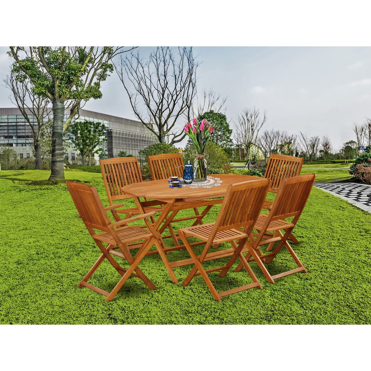 Ensemble de table de patio East West Furniture : table en bois d'acacia, chaises pliantes et chaises d'appoint, huile naturelle (options de pièces)