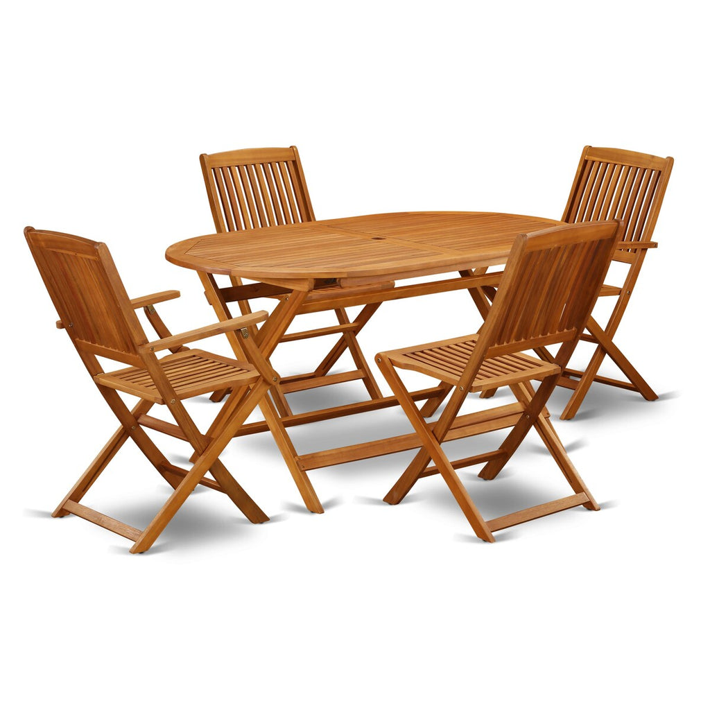 Ensemble de table de patio East West Furniture : table en bois d'acacia, chaises pliantes et chaises d'appoint, huile naturelle (options de pièces)