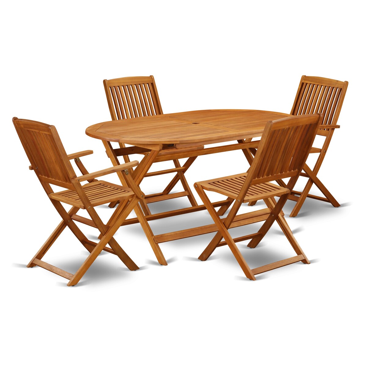 Ensemble de table de patio East West Furniture : table en bois d'acacia, chaises pliantes et chaises d'appoint, huile naturelle (options de pièces)