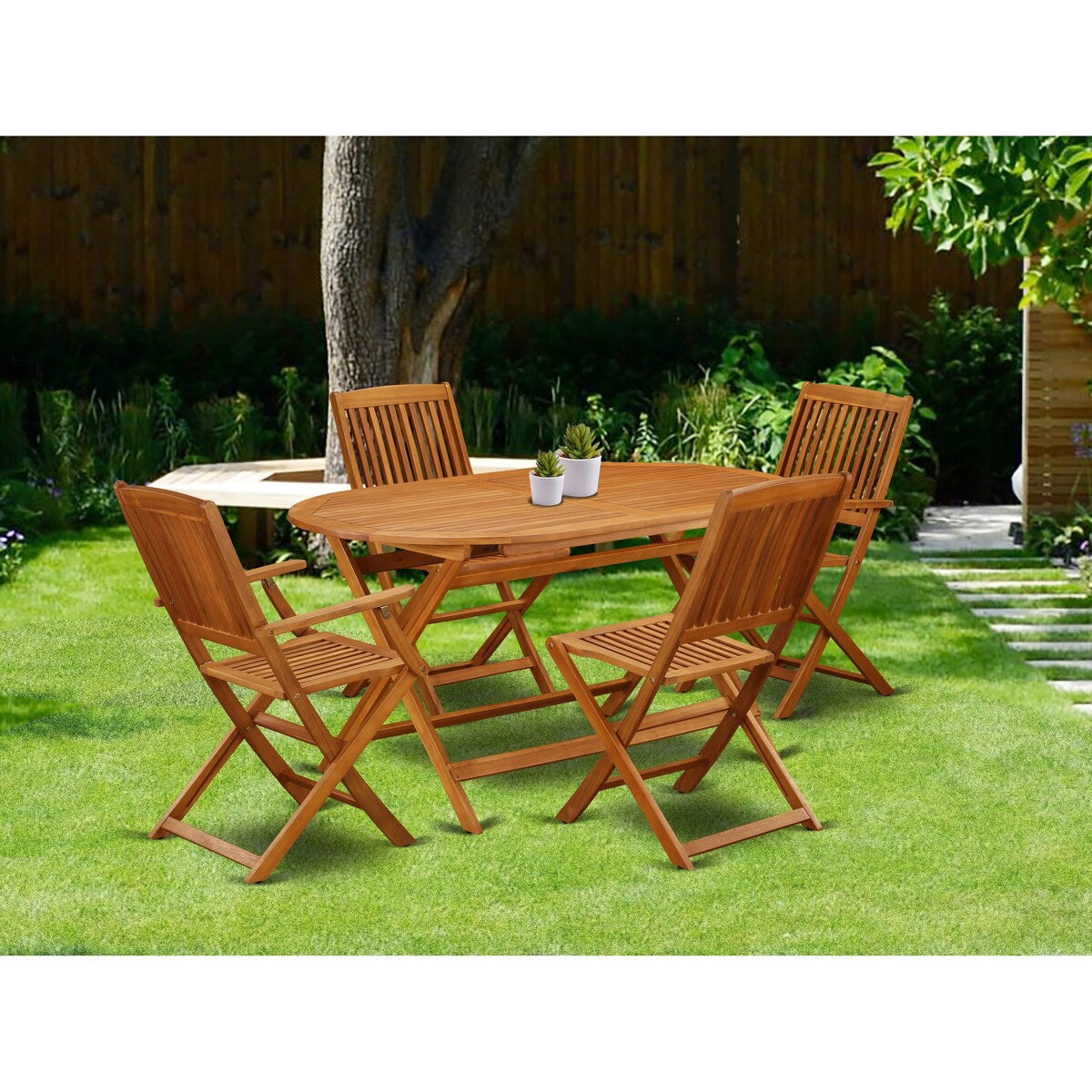 Ensemble de table de patio East West Furniture : table en bois d'acacia, chaises pliantes et chaises d'appoint, huile naturelle (options de pièces)