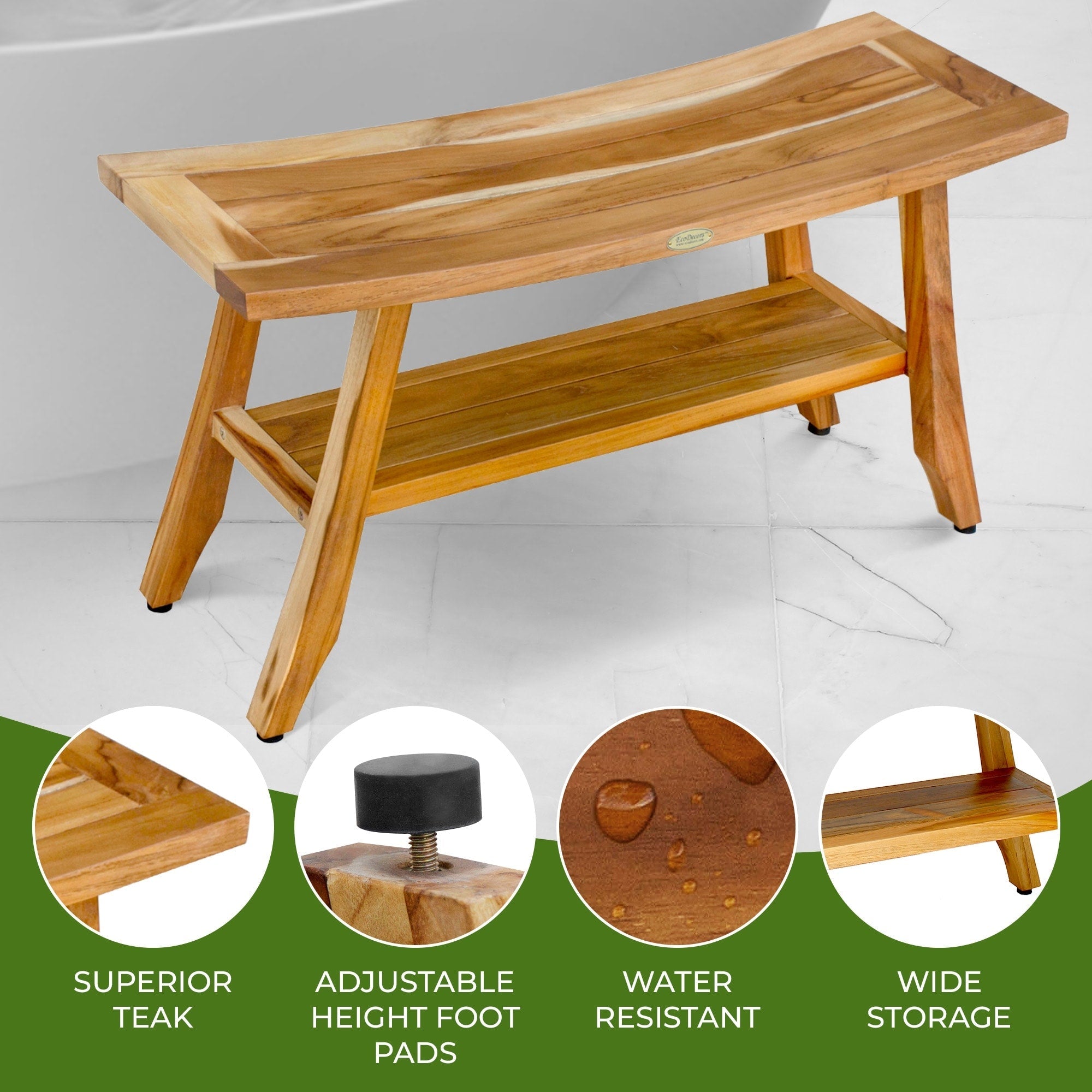 Banc de douche en teck EcoDecors Satori 34 pouces, banc en bois, banc de salle de bain, sièges de douche pour adultes, tabouret de douche en teck