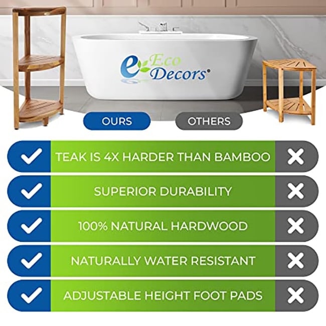 Table de douche à 3 niveaux EcoDecors, étagère de douche sur pied, étagère de douche en teck, support de rangement de douche, étagère en teck