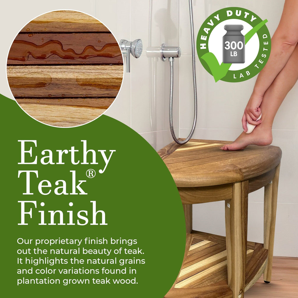 EcoDecors, Banc de douche élégant en teck, Tabouret de douche d'angle en teck, Banc de douche d'angle en teck, Avec étagère