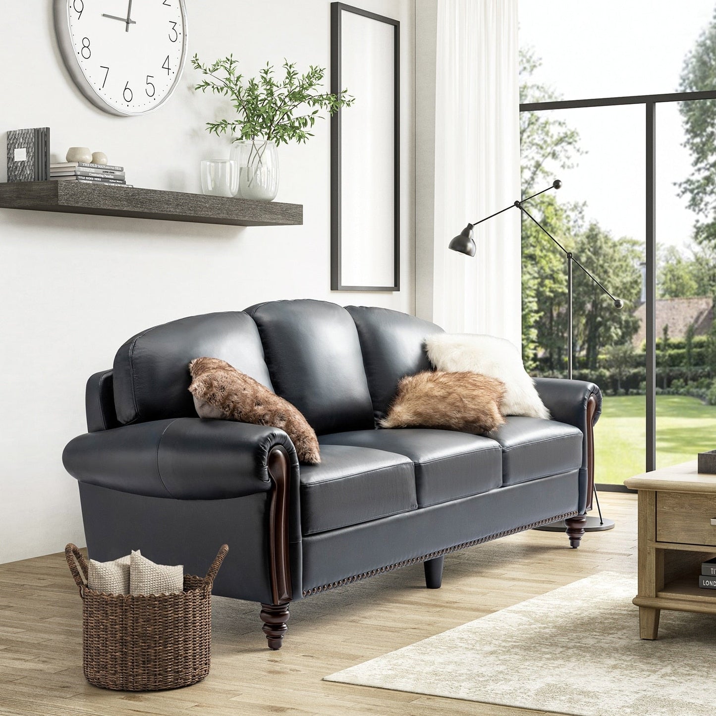 Canapé traditionnel en cuir véritable Eduard 84 avec pieds en bois sculpté par HULALA HOME