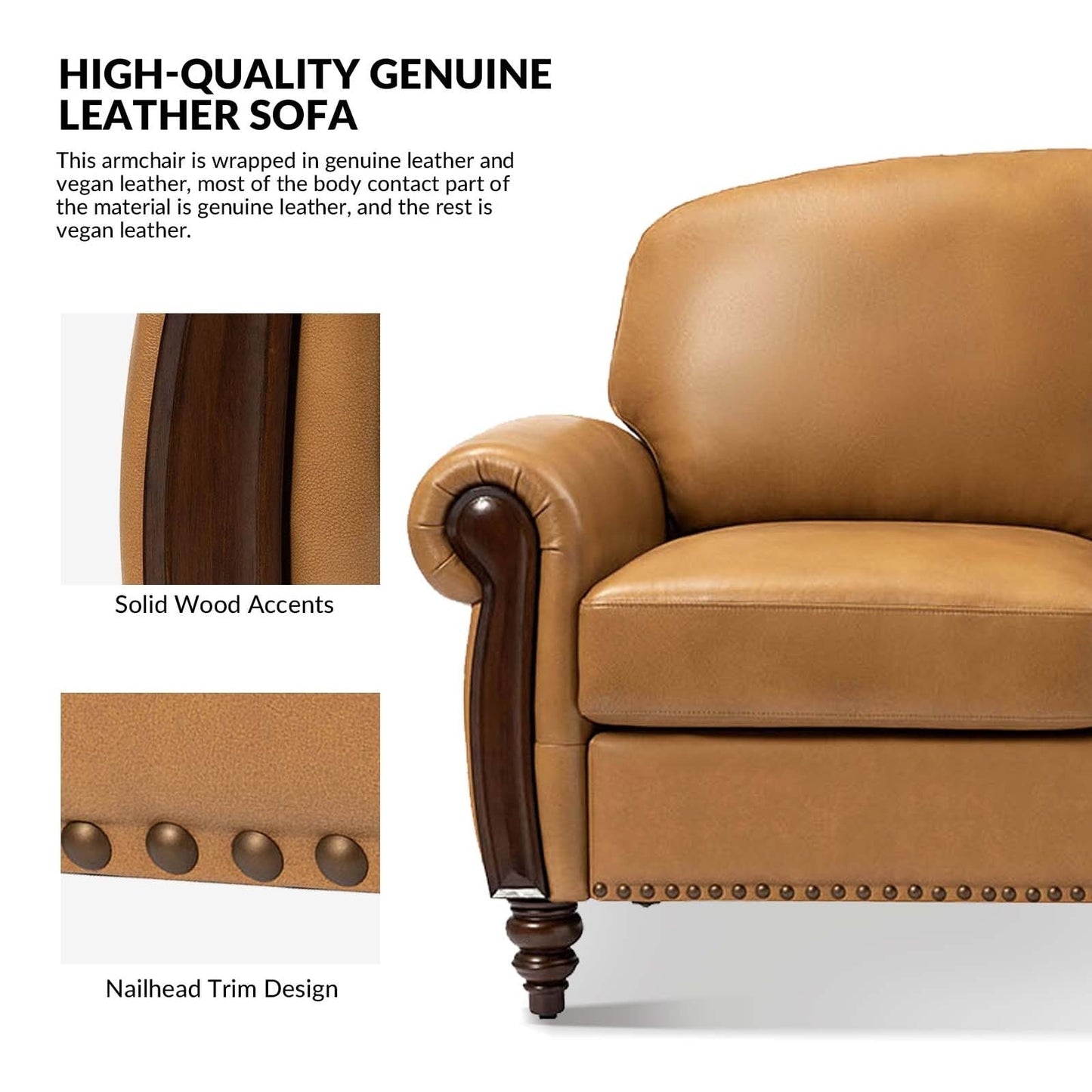Canapé traditionnel en cuir véritable Eduard 84 avec pieds en bois sculpté par HULALA HOME