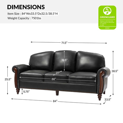 Canapé traditionnel en cuir véritable Eduard 84 avec pieds en bois sculpté par HULALA HOME