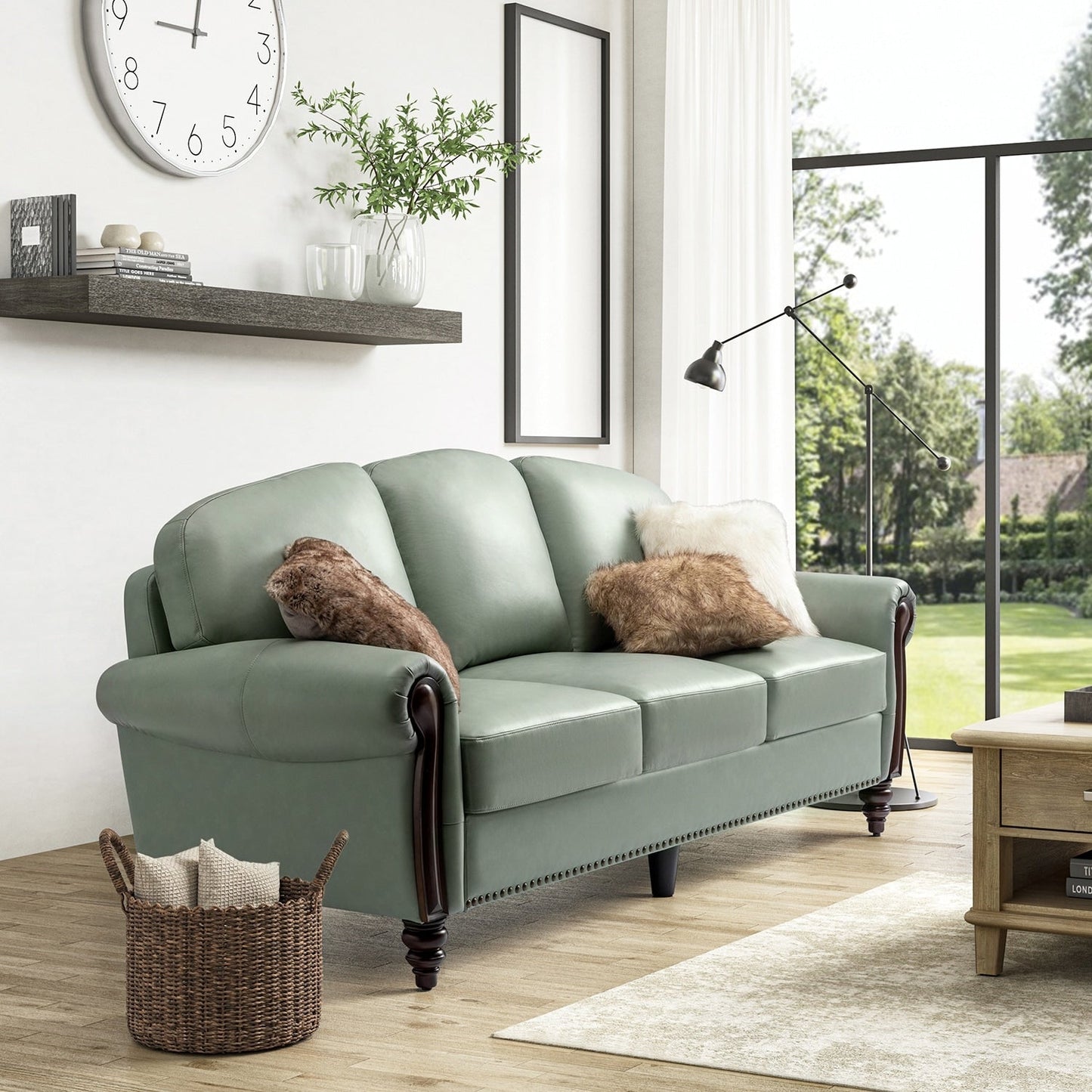 Canapé traditionnel en cuir véritable Eduard 84 avec pieds en bois sculpté par HULALA HOME