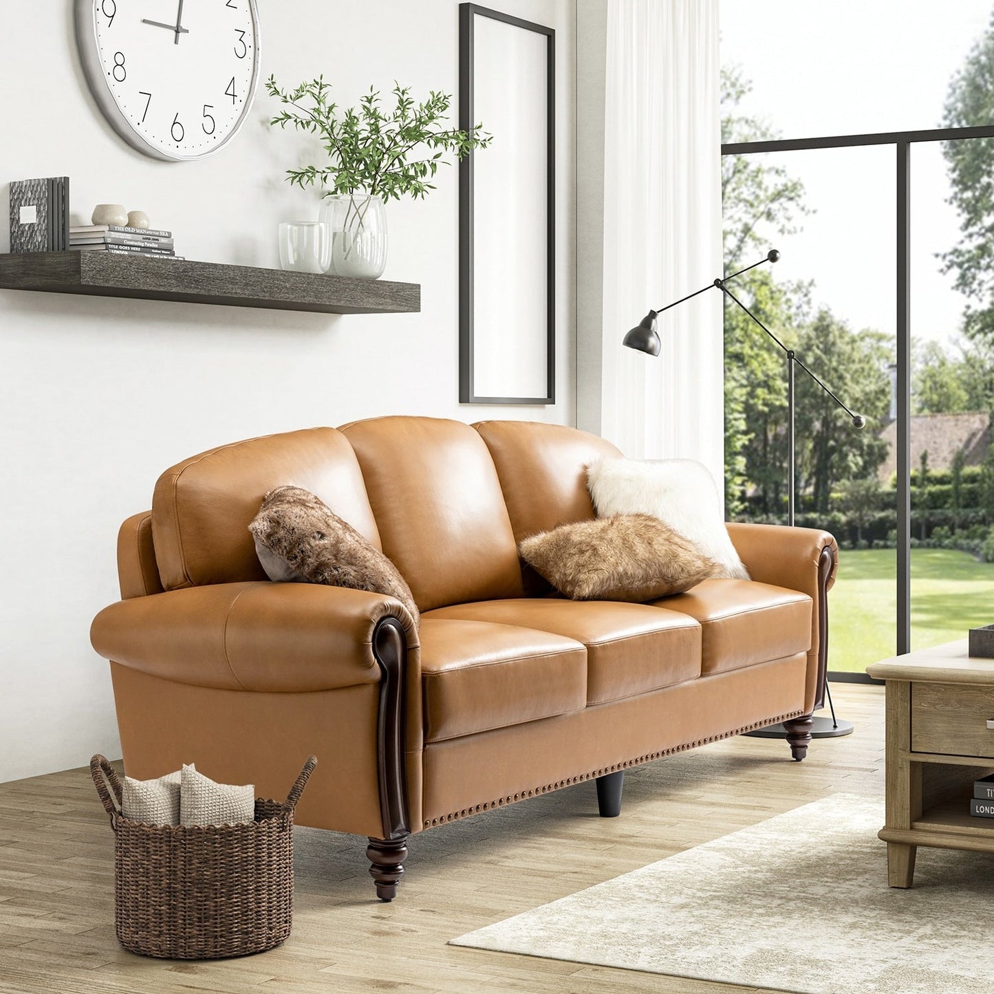 Canapé traditionnel en cuir véritable Eduard 84 avec pieds en bois sculpté par HULALA HOME