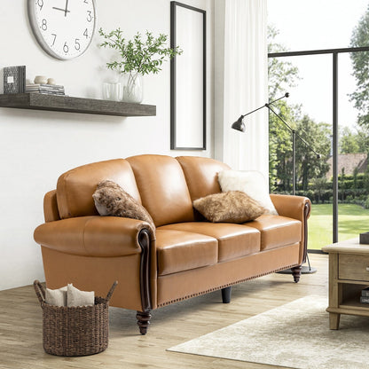 Canapé traditionnel en cuir véritable Eduard 84 avec pieds en bois sculpté par HULALA HOME