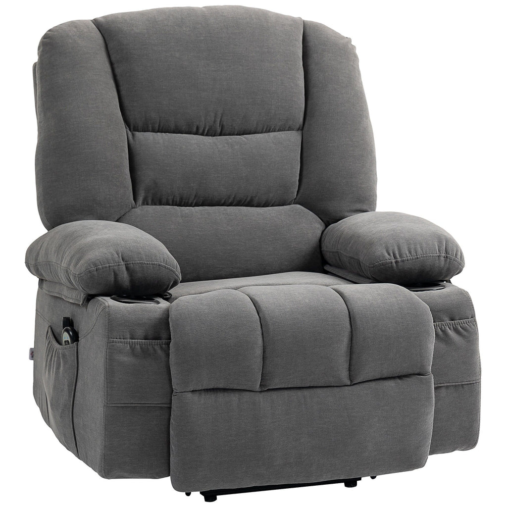 Fauteuil inclinable électrique en tissu avec télécommande, poches latérales et porte-gobelets pour personnes âgées