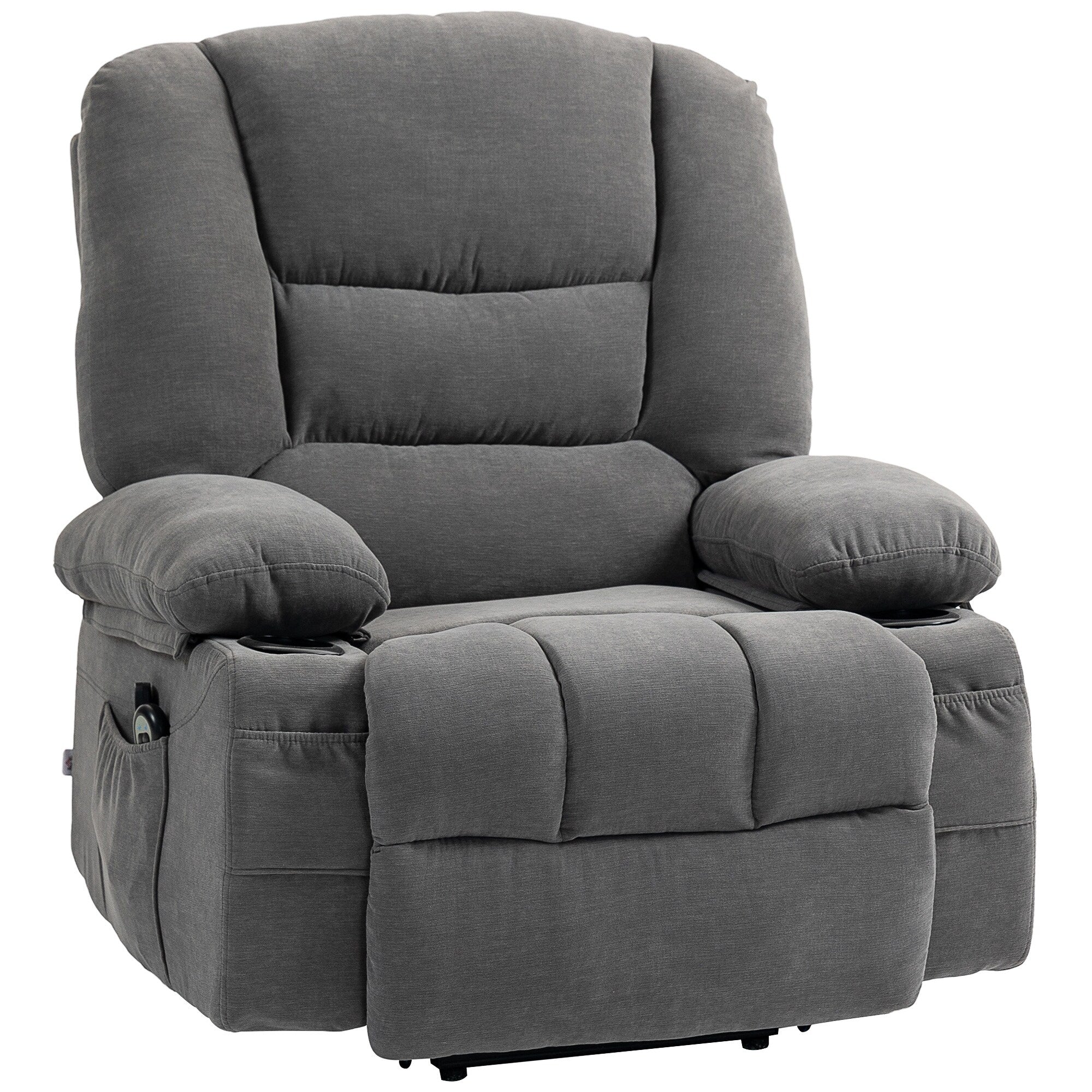 Fauteuil inclinable électrique en tissu avec télécommande, poches latérales et porte-gobelets pour personnes âgées