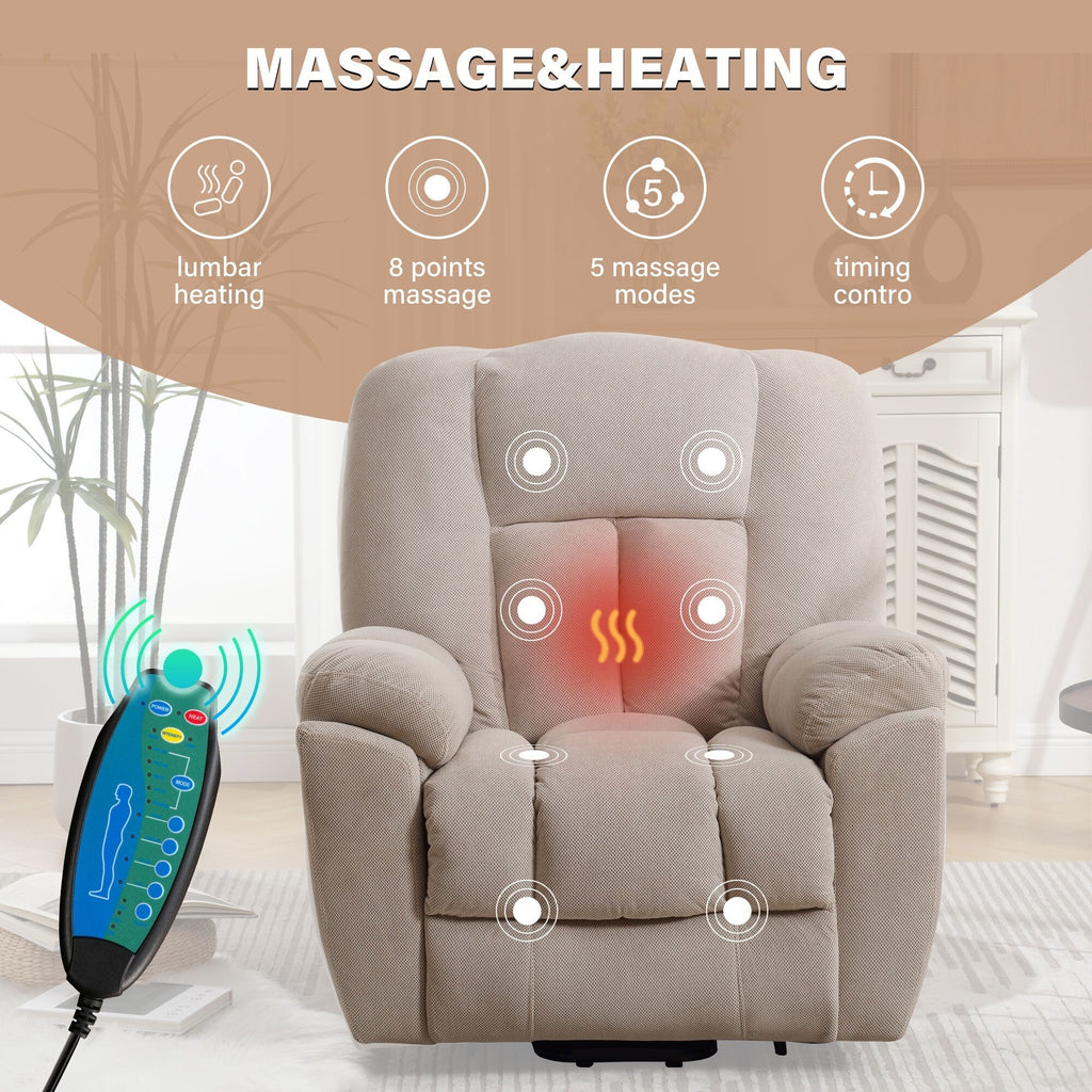 Fauteuil inclinable électrique pour personnes âgées avec chauffage, massage, port USB, poches latérales et tissu résistant
