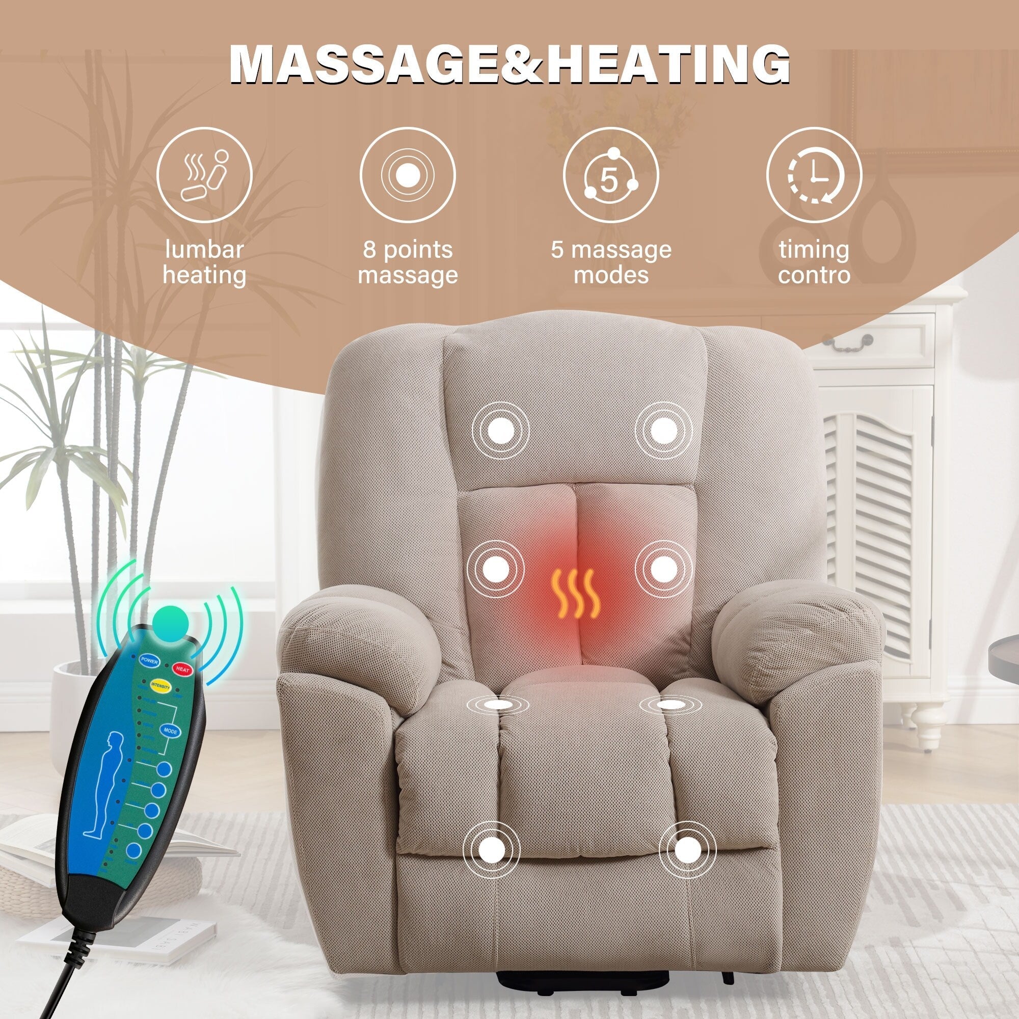 Fauteuil inclinable électrique pour personnes âgées avec chauffage, massage, port USB, poches latérales et tissu résistant