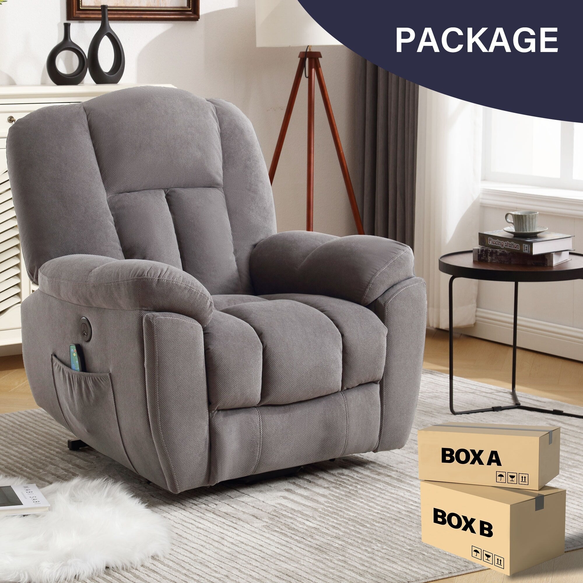 Fauteuil inclinable électrique pour personnes âgées avec chauffage, massage, port USB, poches latérales et tissu résistant