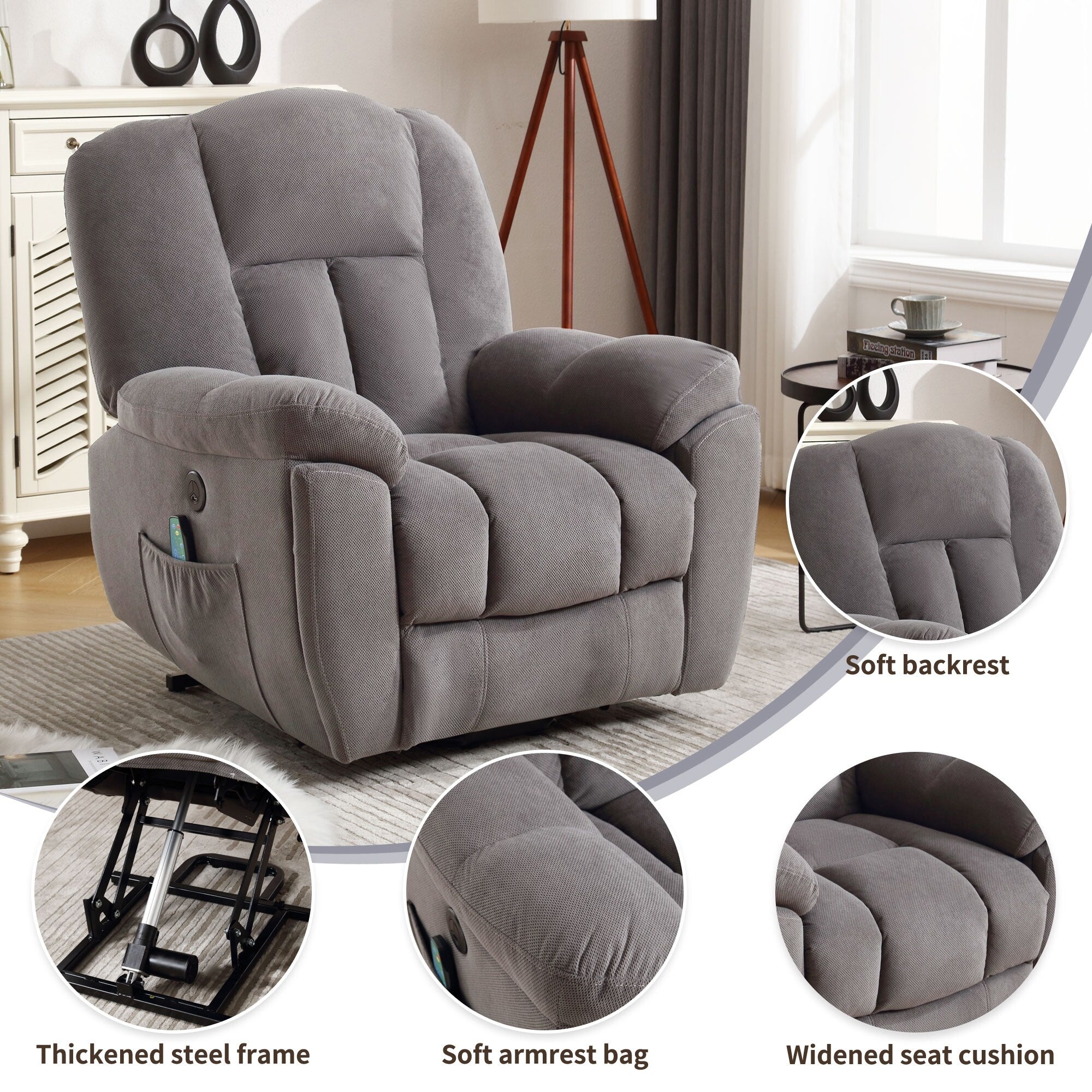Fauteuil inclinable électrique pour personnes âgées avec chauffage, massage, port USB, poches latérales et tissu résistant