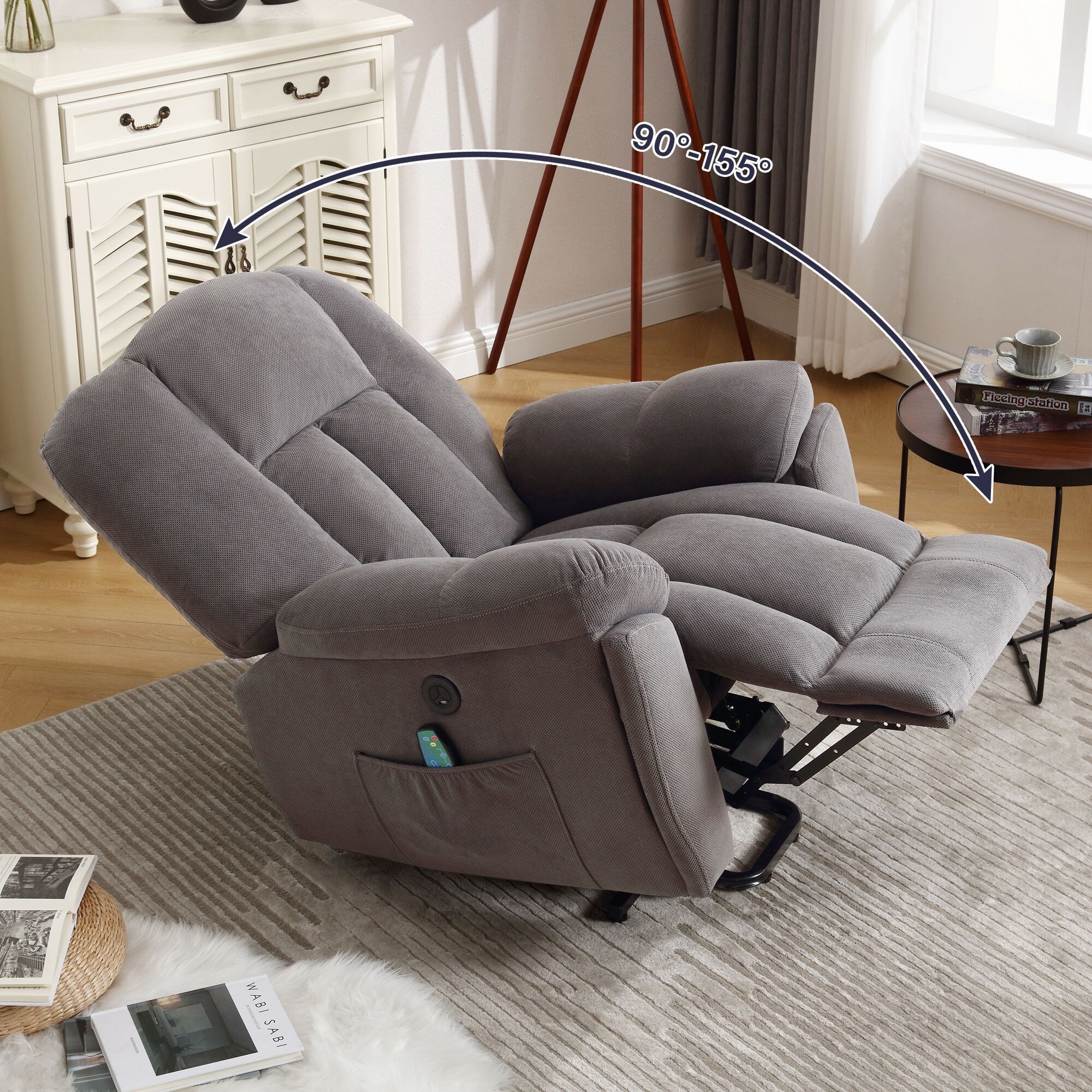 Fauteuil inclinable électrique pour personnes âgées avec chauffage, massage, port USB, poches latérales et tissu résistant