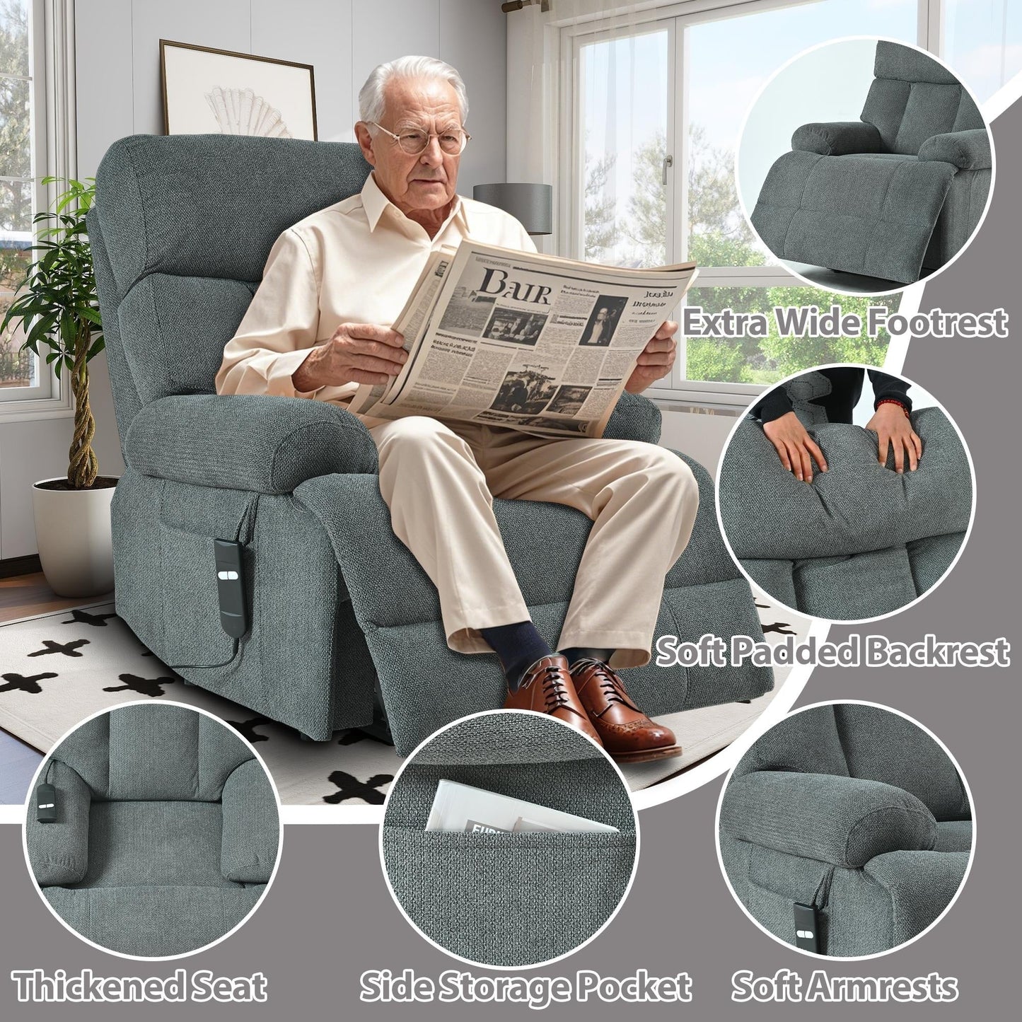 Fauteuil inclinable électrique pour personnes âgées avec télécommande, poche latérale, support ergonomique et siège spacieux
