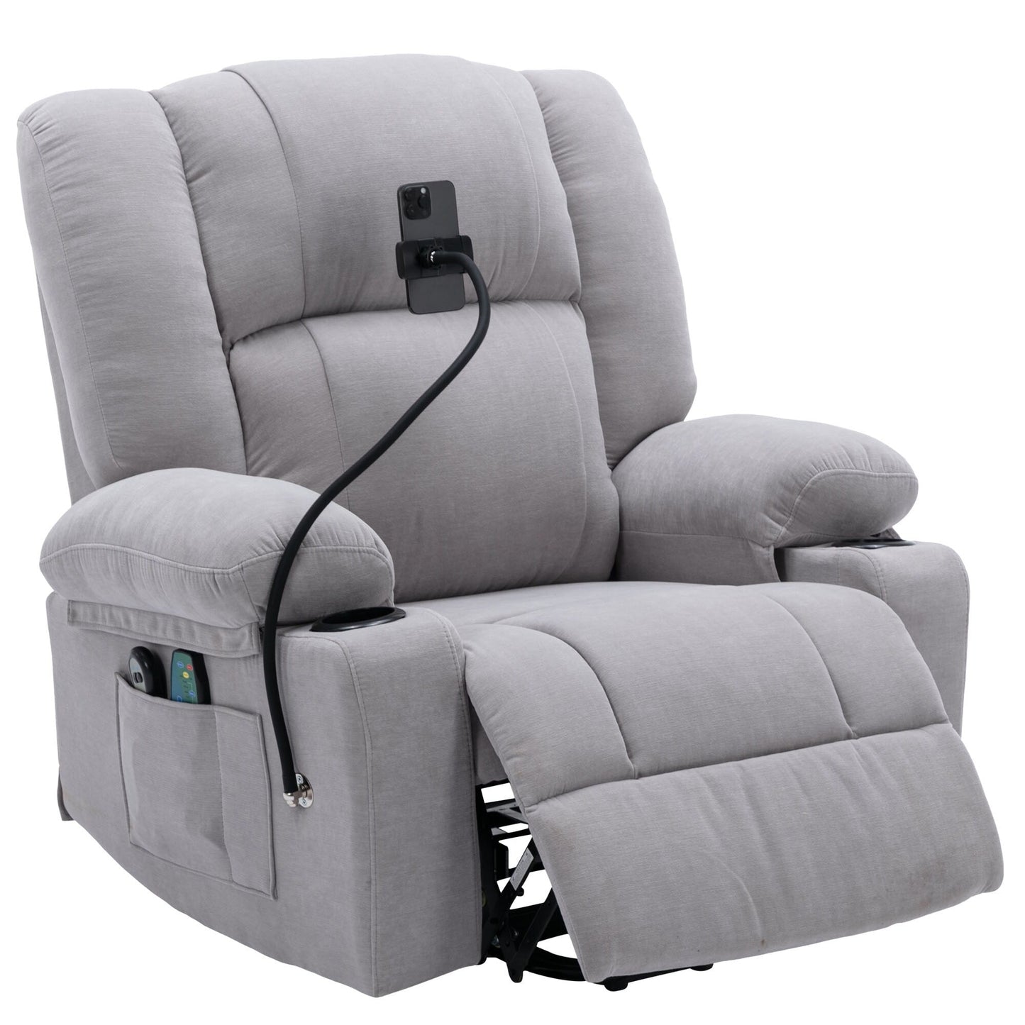 Fauteuil inclinable électrique avec massage, chauffage, porte-gobelets et support de téléphone pivotant à 360° avec inclinaison réglable