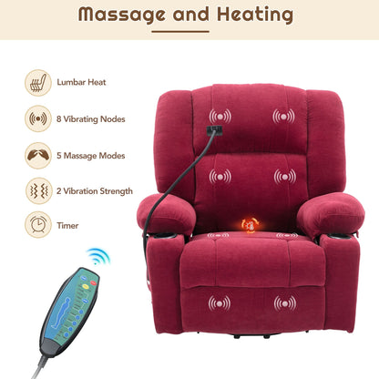 Fauteuil inclinable électrique avec massage, chauffage, support de téléphone rotatif à 360°, poches latérales et porte-gobelets pour personnes âgées