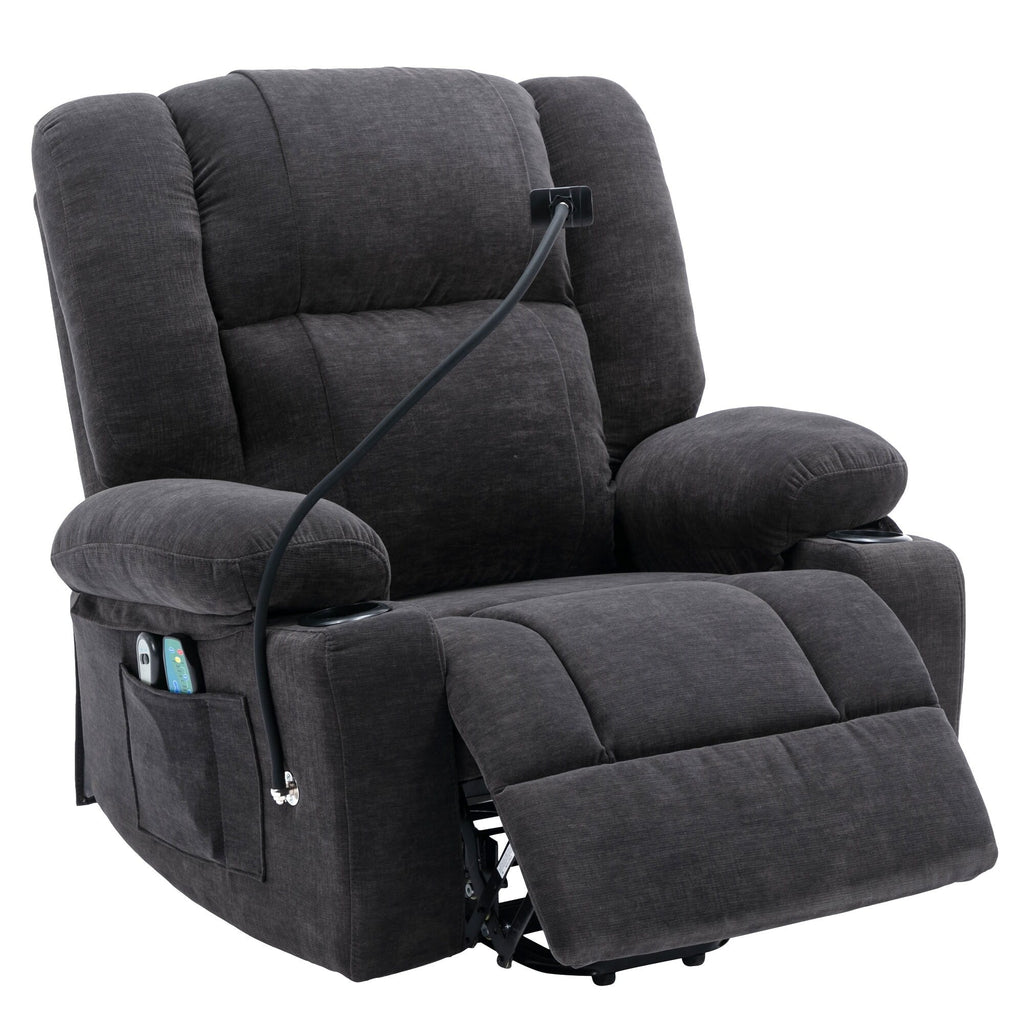 Fauteuil inclinable électrique avec massage, chauffage, support de téléphone rotatif à 360°, poches latérales et porte-gobelets pour personnes âgées