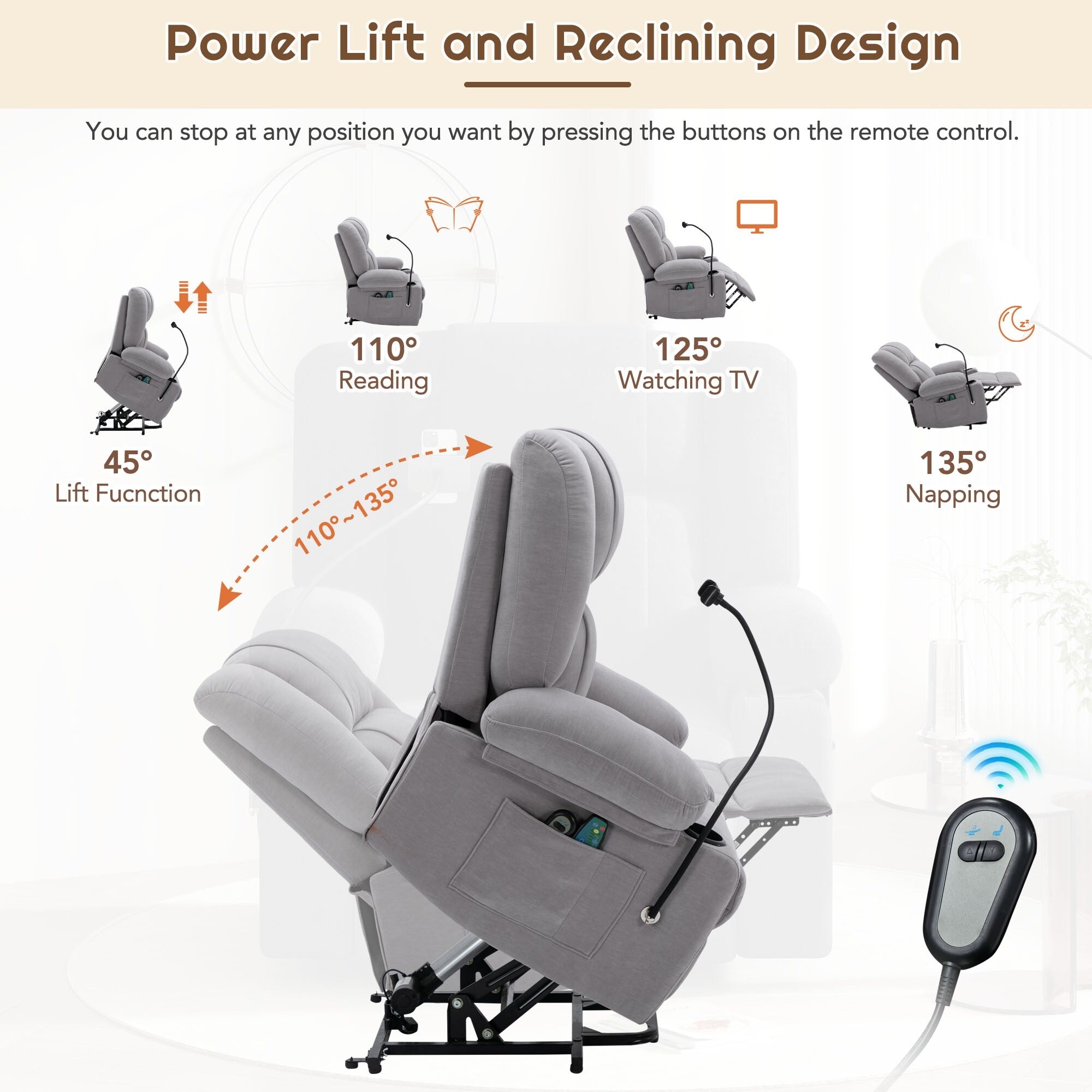 Fauteuil inclinable électrique avec massage, chauffage, support de téléphone rotatif à 360°, poches latérales et porte-gobelets pour personnes âgées