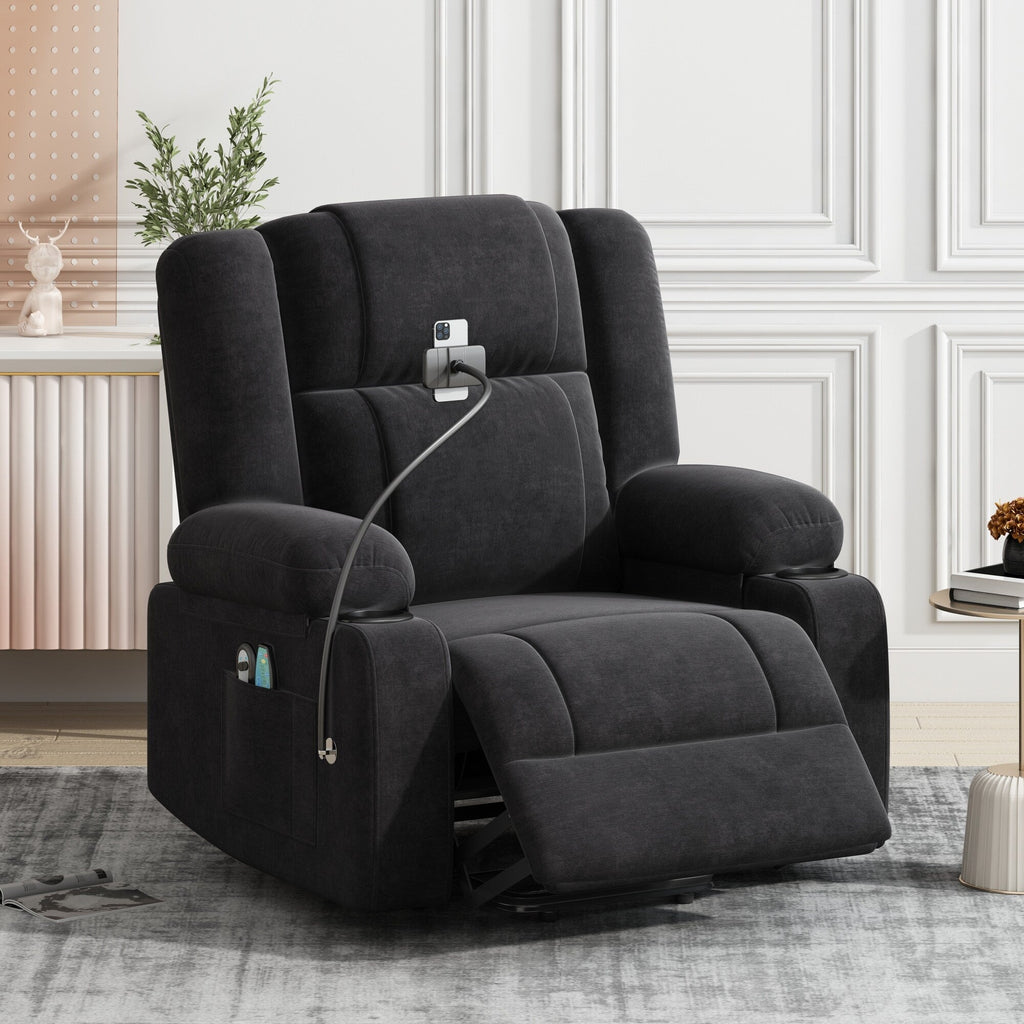 Fauteuil inclinable électrique avec massage, chauffage, support de téléphone rotatif à 360°, poches latérales et porte-gobelets pour personnes âgées