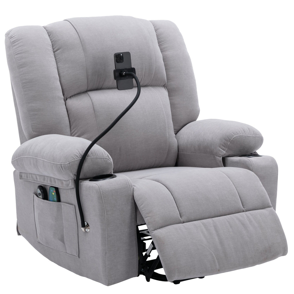 Fauteuil inclinable électrique avec massage, chauffage, support de téléphone rotatif à 360°, poches latérales et porte-gobelets pour personnes âgées