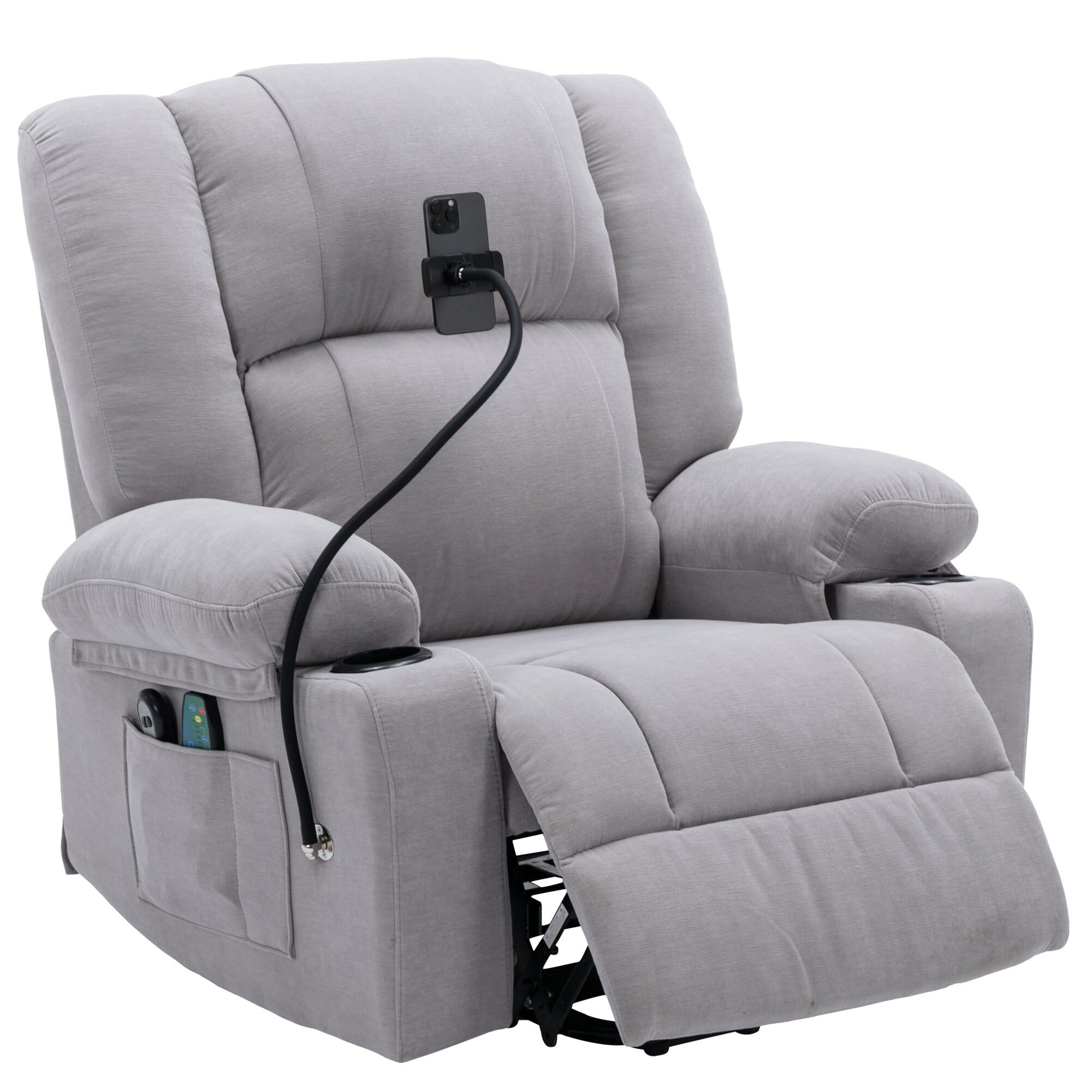 Fauteuil inclinable électrique avec massage, chauffage, support de téléphone rotatif à 360°, poches latérales et porte-gobelets pour personnes âgées
