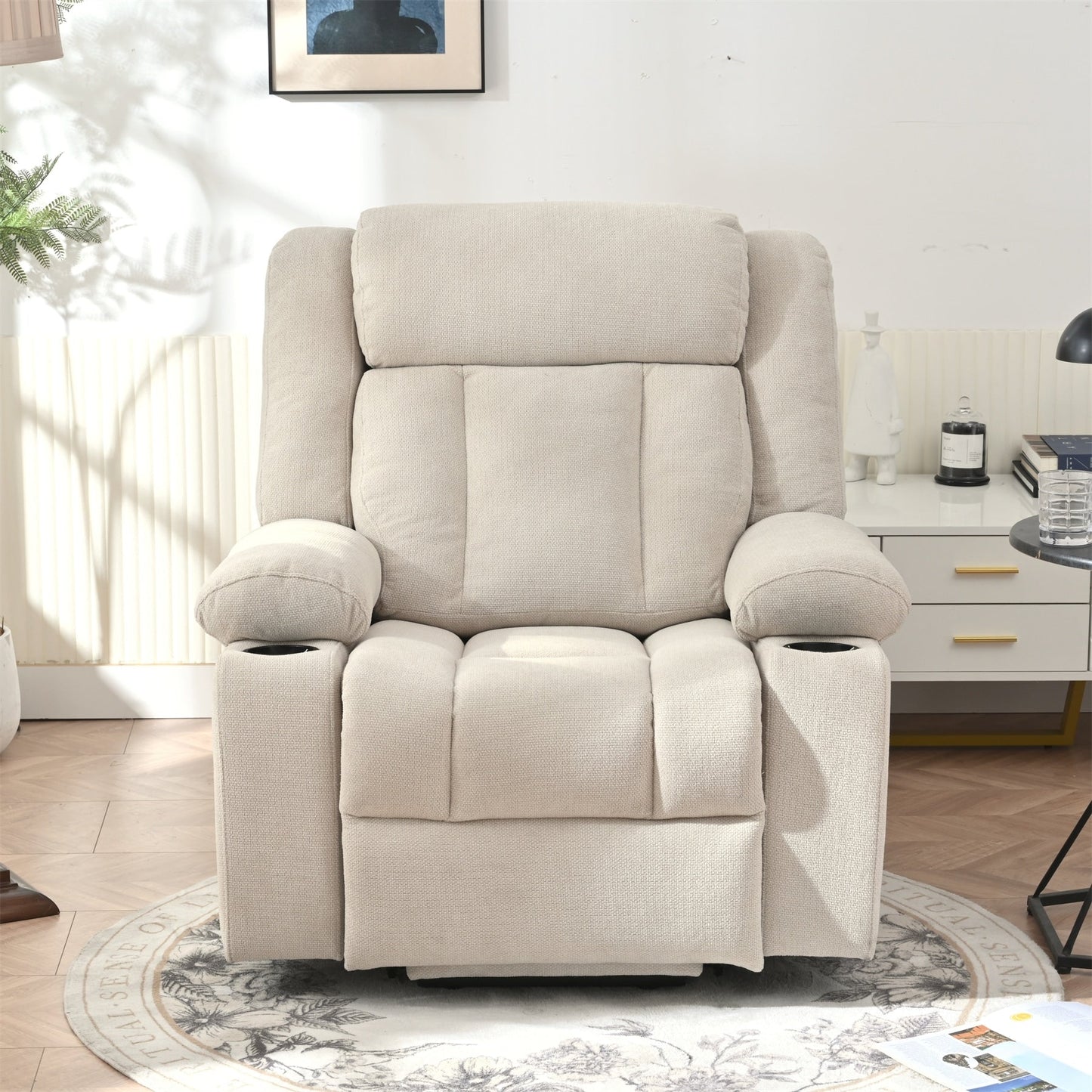 Fauteuil inclinable électrique pour personnes âgées, avec repose-pieds allongé, télécommande, poches latérales et 2 porte-gobelets