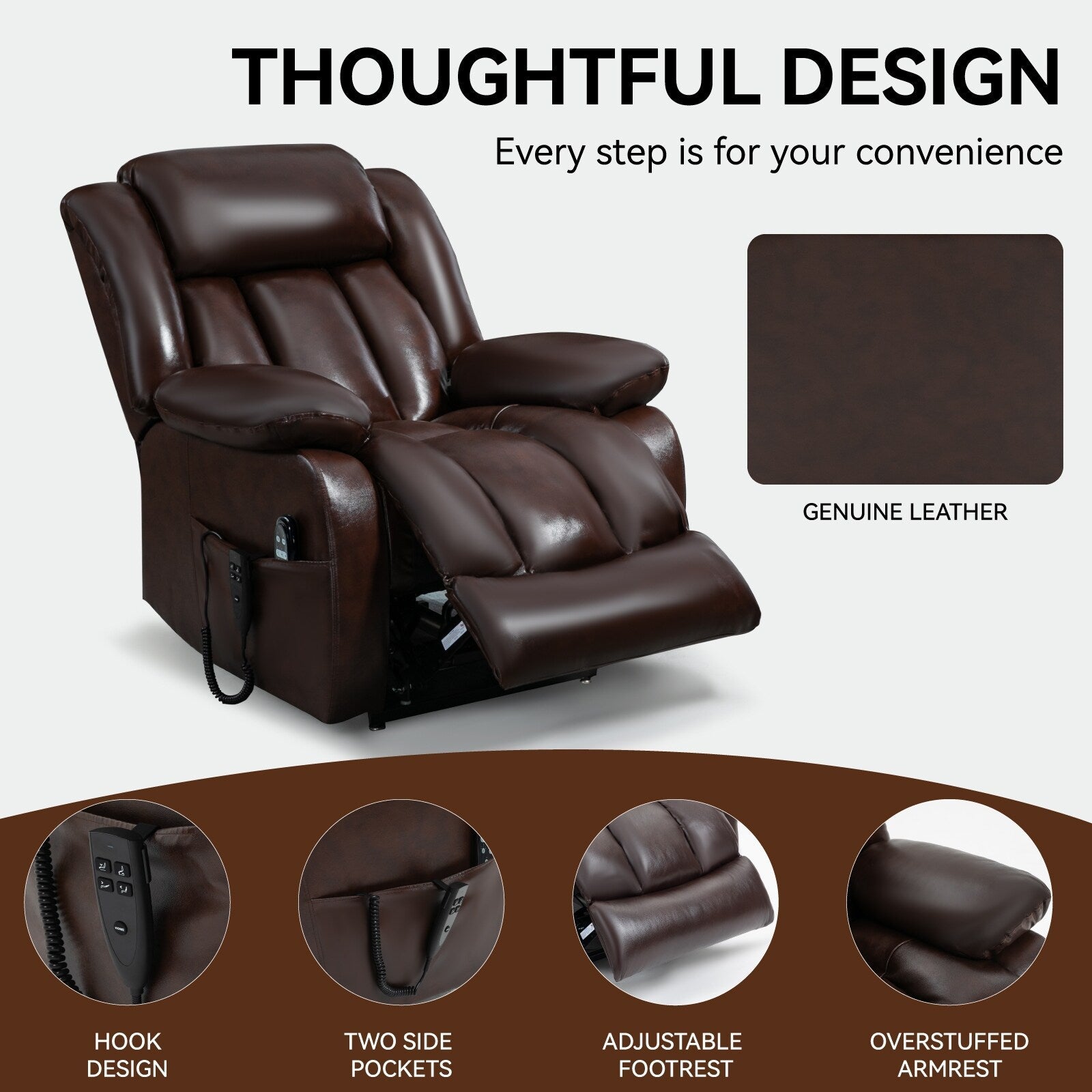 Fauteuil inclinable électrique avec deux moteurs, massage par vibrations à 8 points et chauffage lombaire
