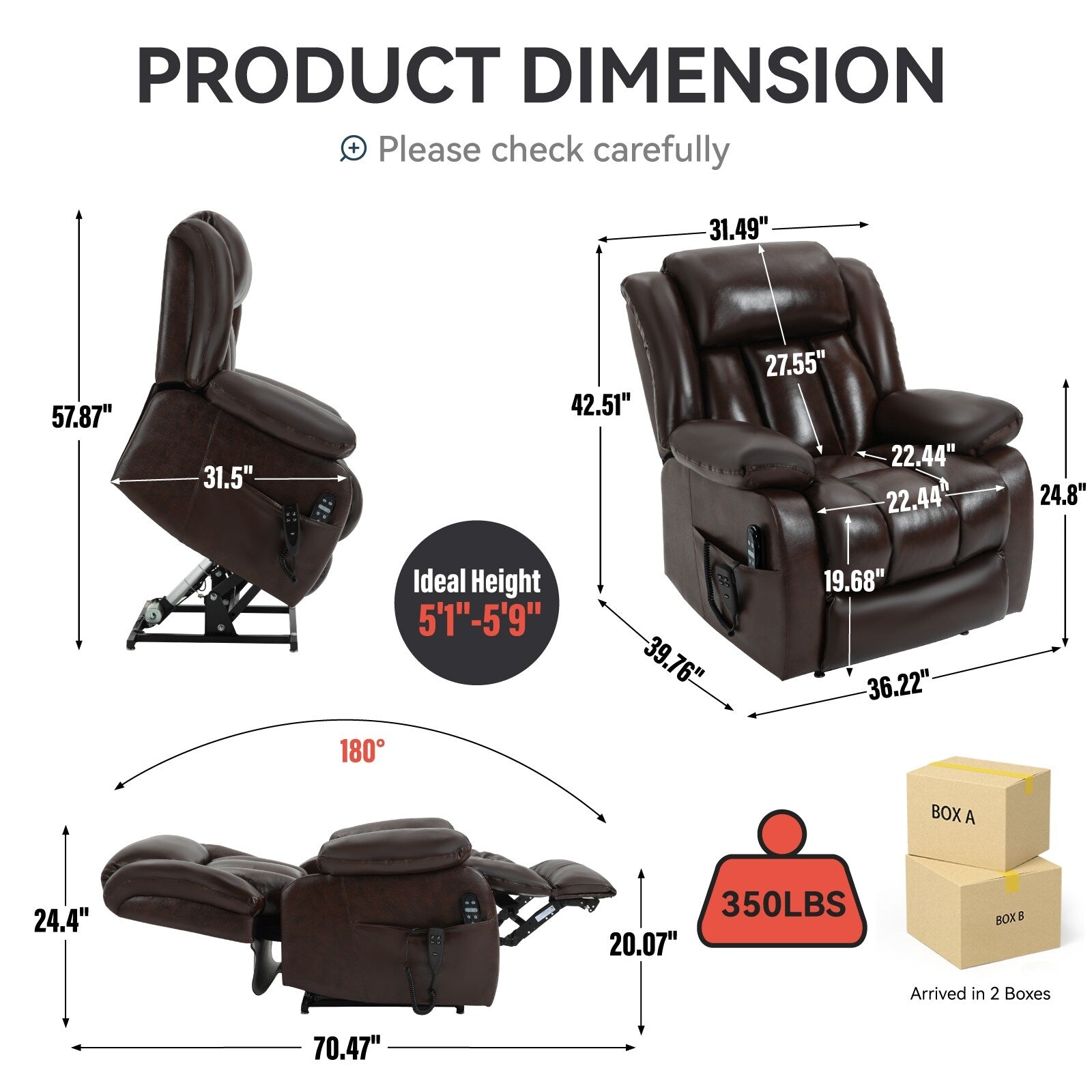 Fauteuil inclinable électrique avec deux moteurs, massage par vibrations à 8 points et chauffage lombaire