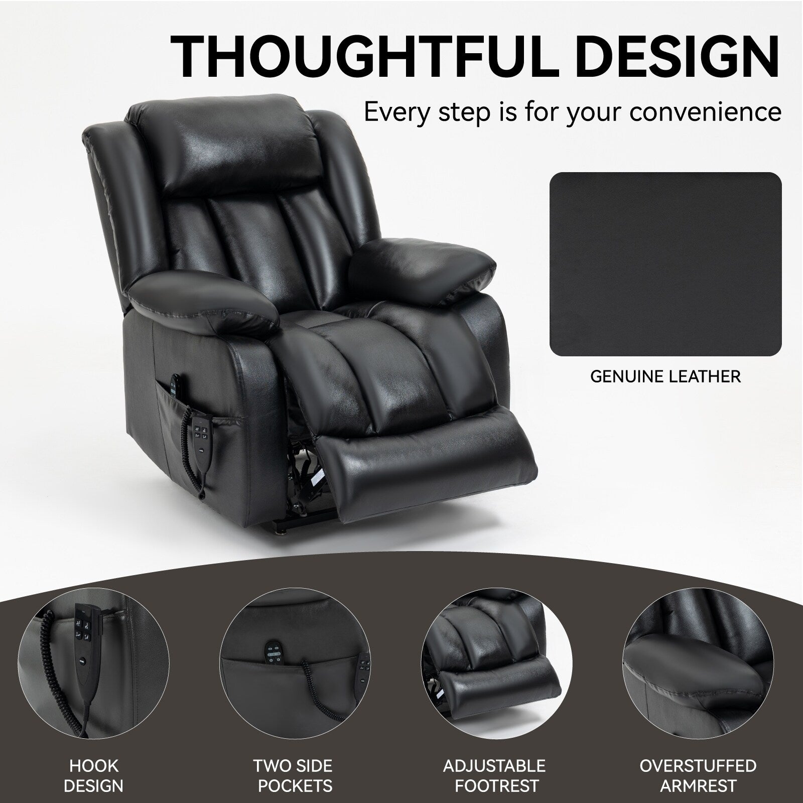 Fauteuil inclinable électrique avec deux moteurs, massage par vibrations à 8 points et chauffage lombaire